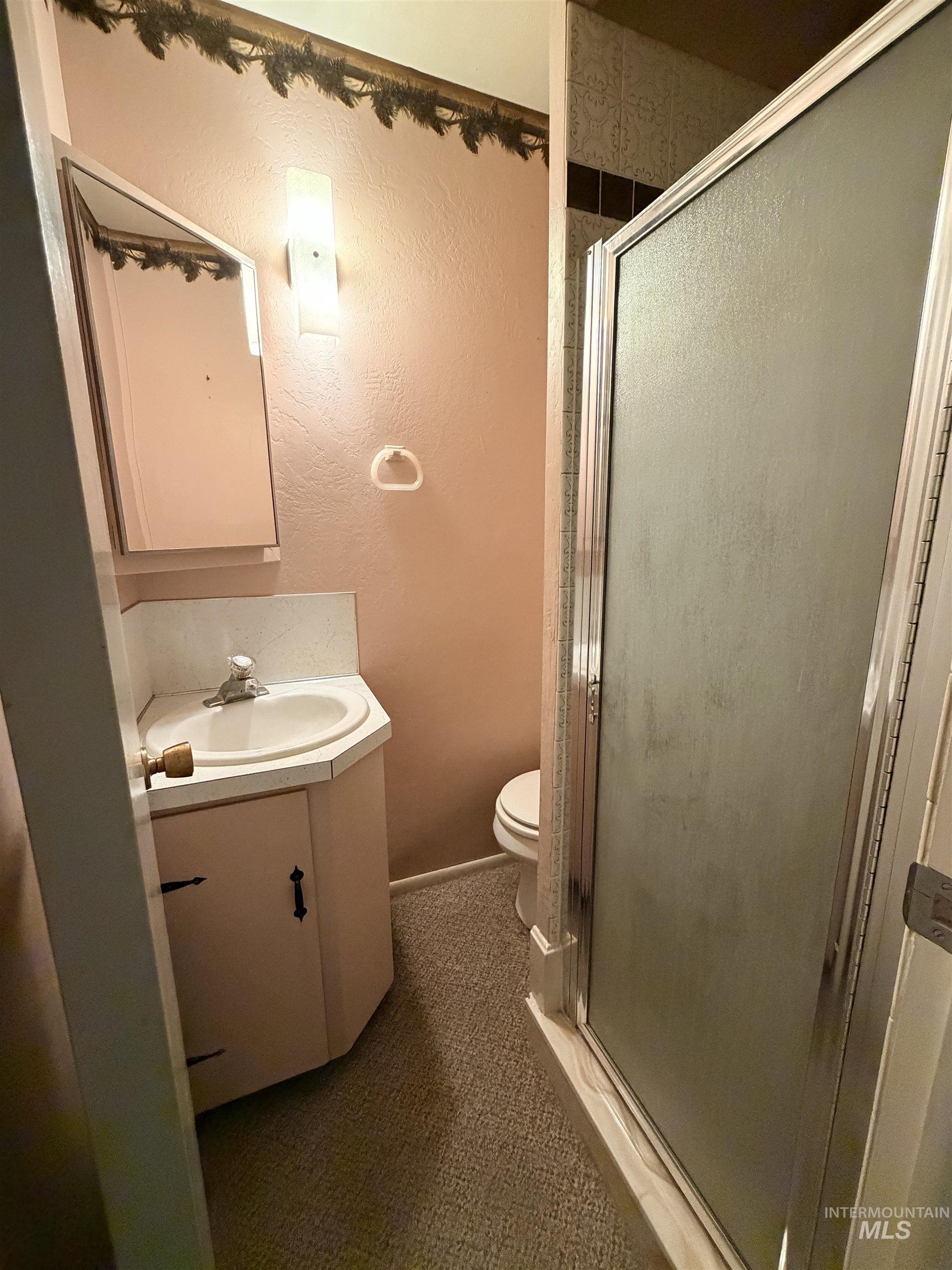 Bathroom with vanity, a textured wall, and a stall shower