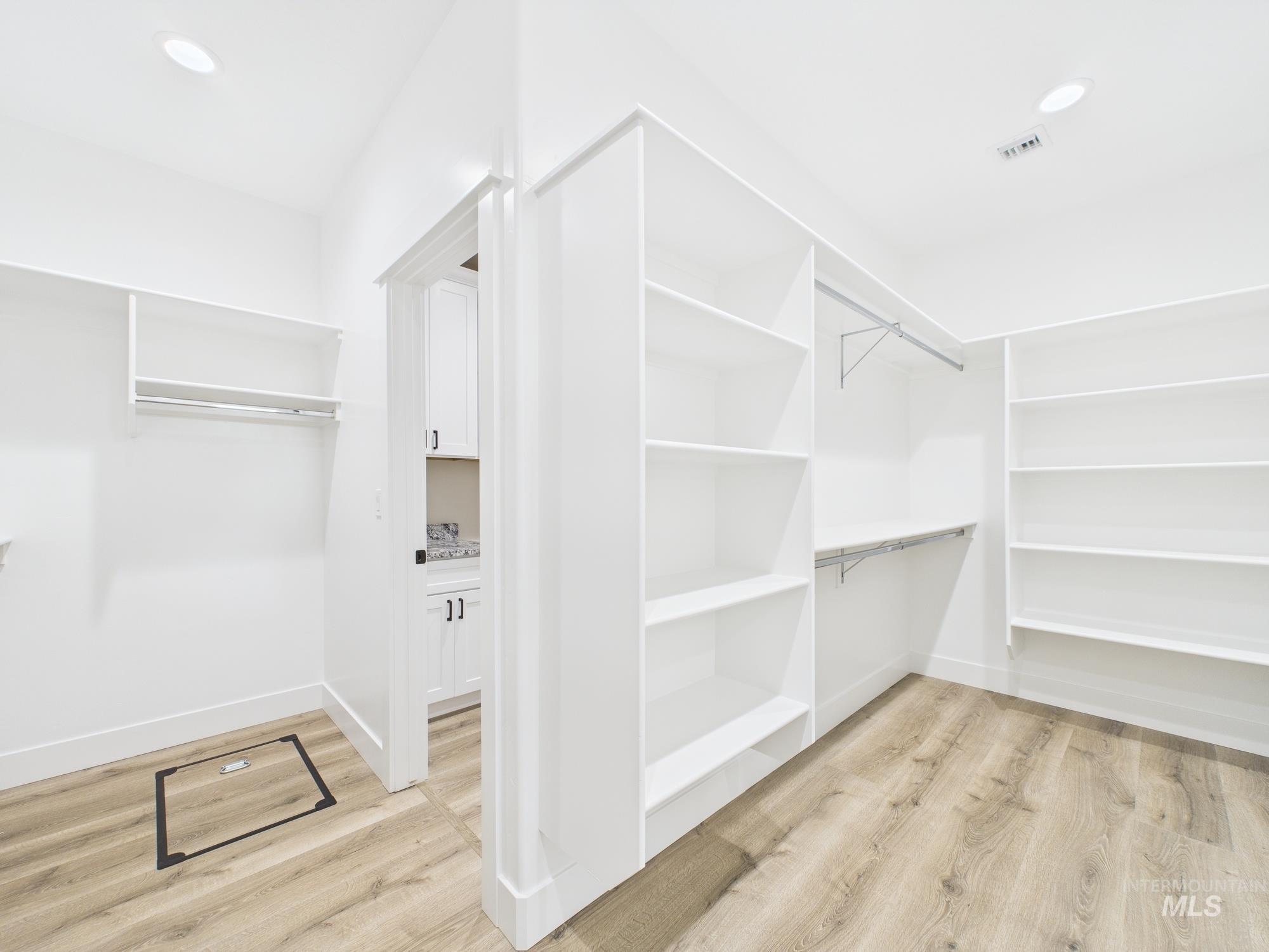 Walk in closet with light wood-style flooring