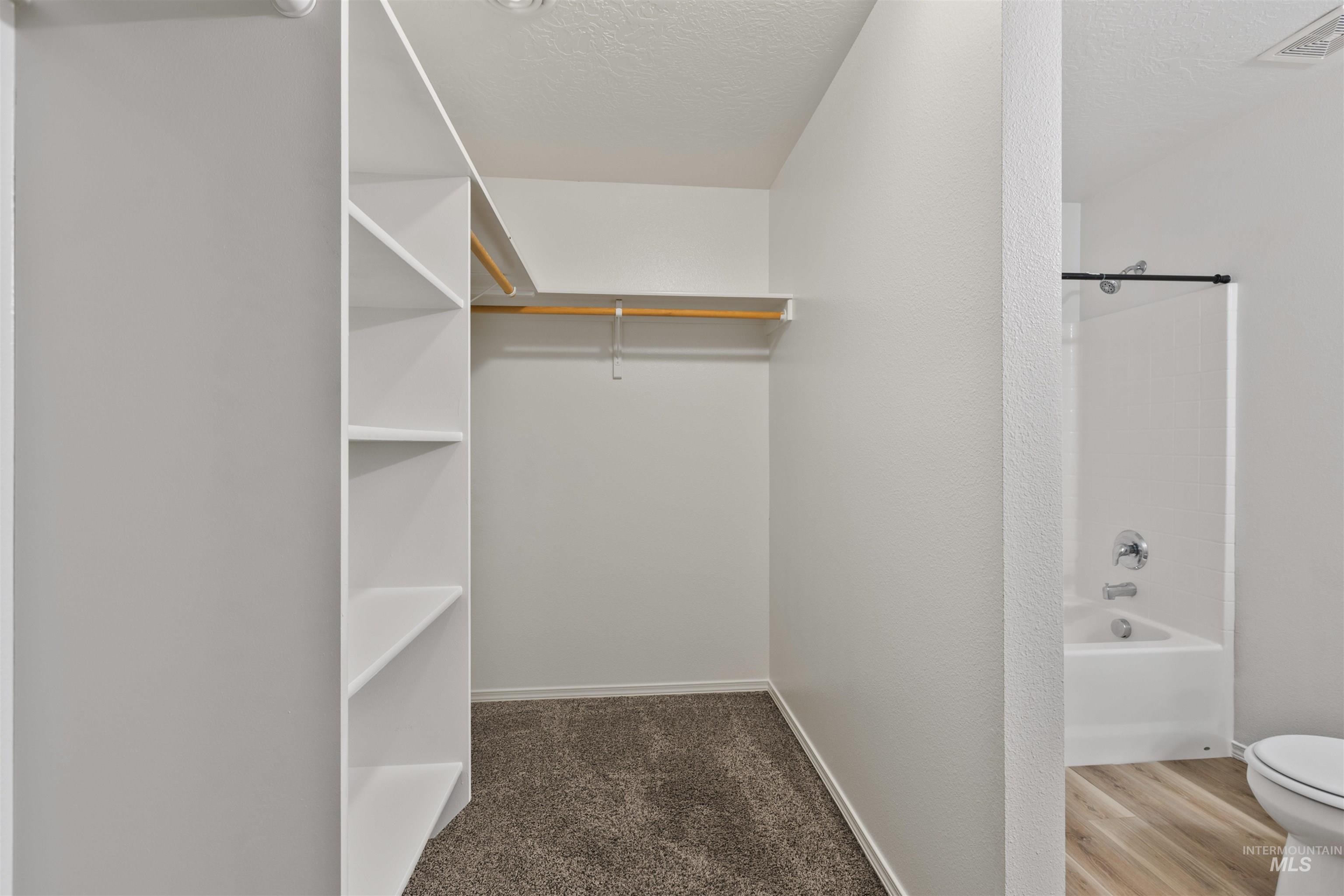 Walk in closet with dark colored carpet and dark wood-style floors