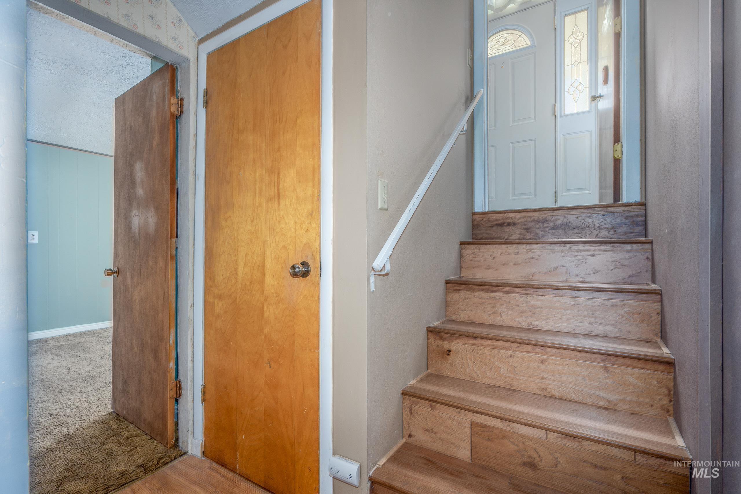 Stairway featuring carpet flooring