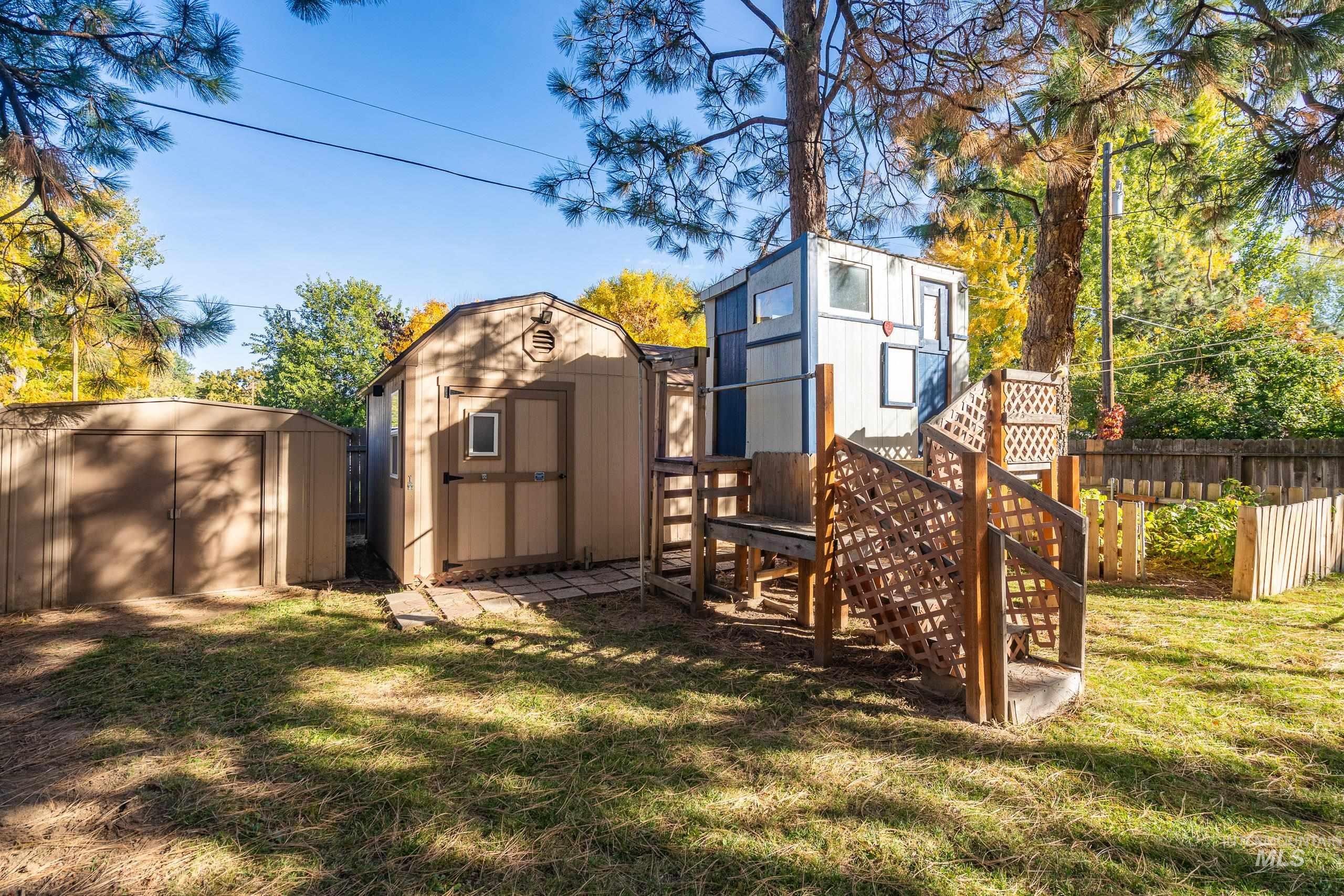View of shed featuring a fenced backyard