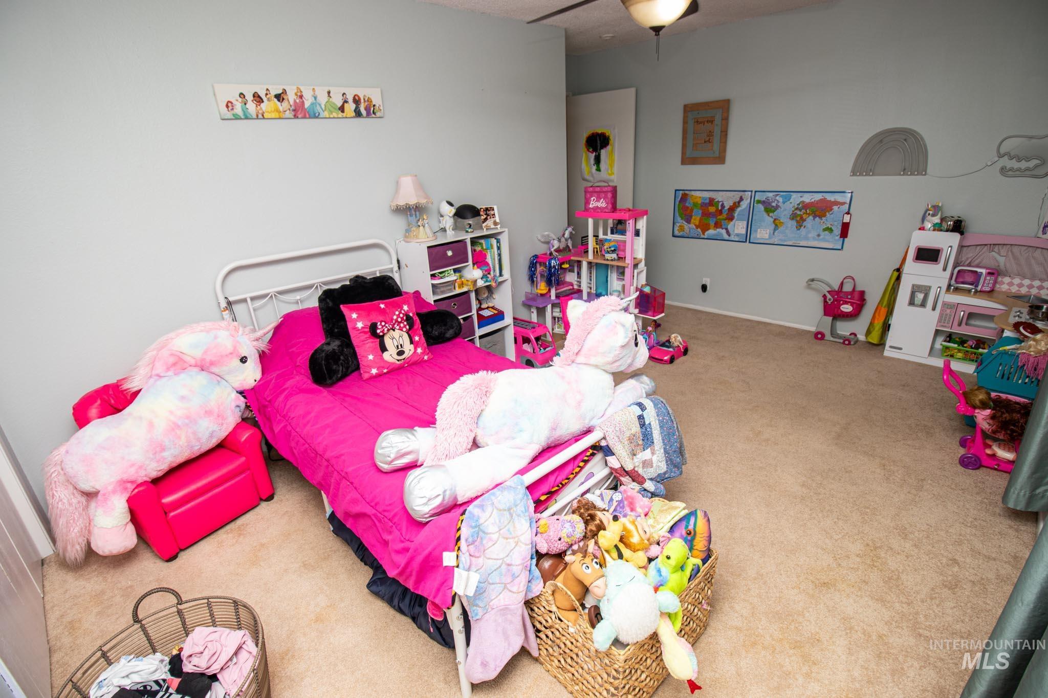 Carpeted bedroom with a ceiling fan