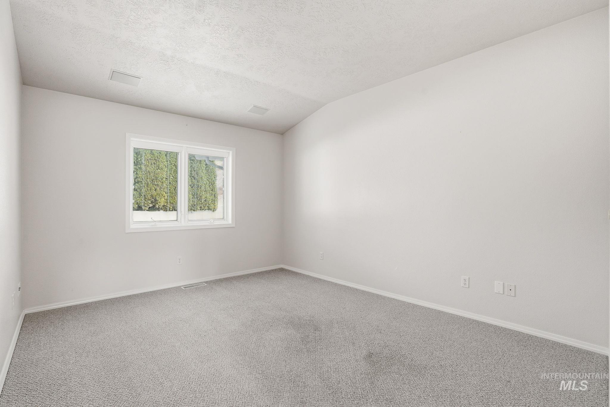 Carpeted spare room/Den with a textured ceiling and vaulted ceiling
