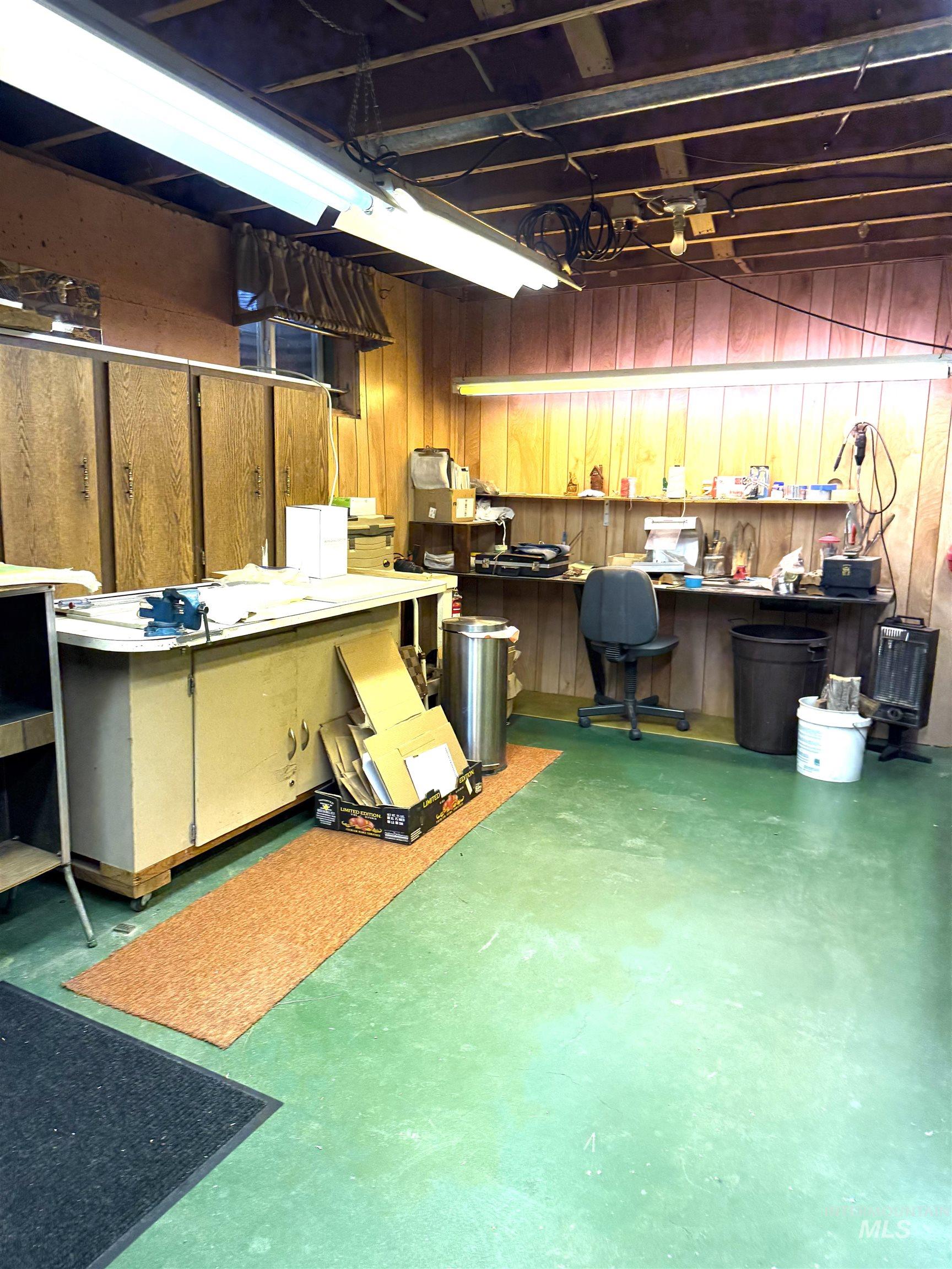 Below grade area featuring wood walls and a workshop area