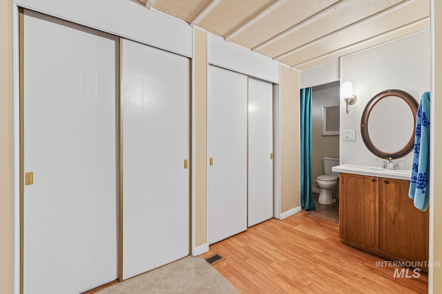 Bathroom featuring vanity, light wood finished floors, and a closet