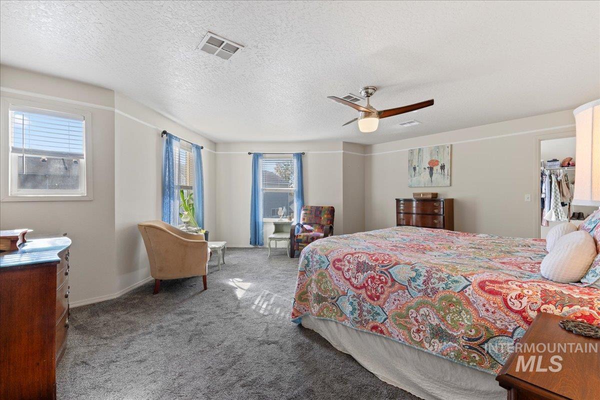 Carpeted bedroom with multiple windows, a textured ceiling, ceiling fan, and a spacious closet