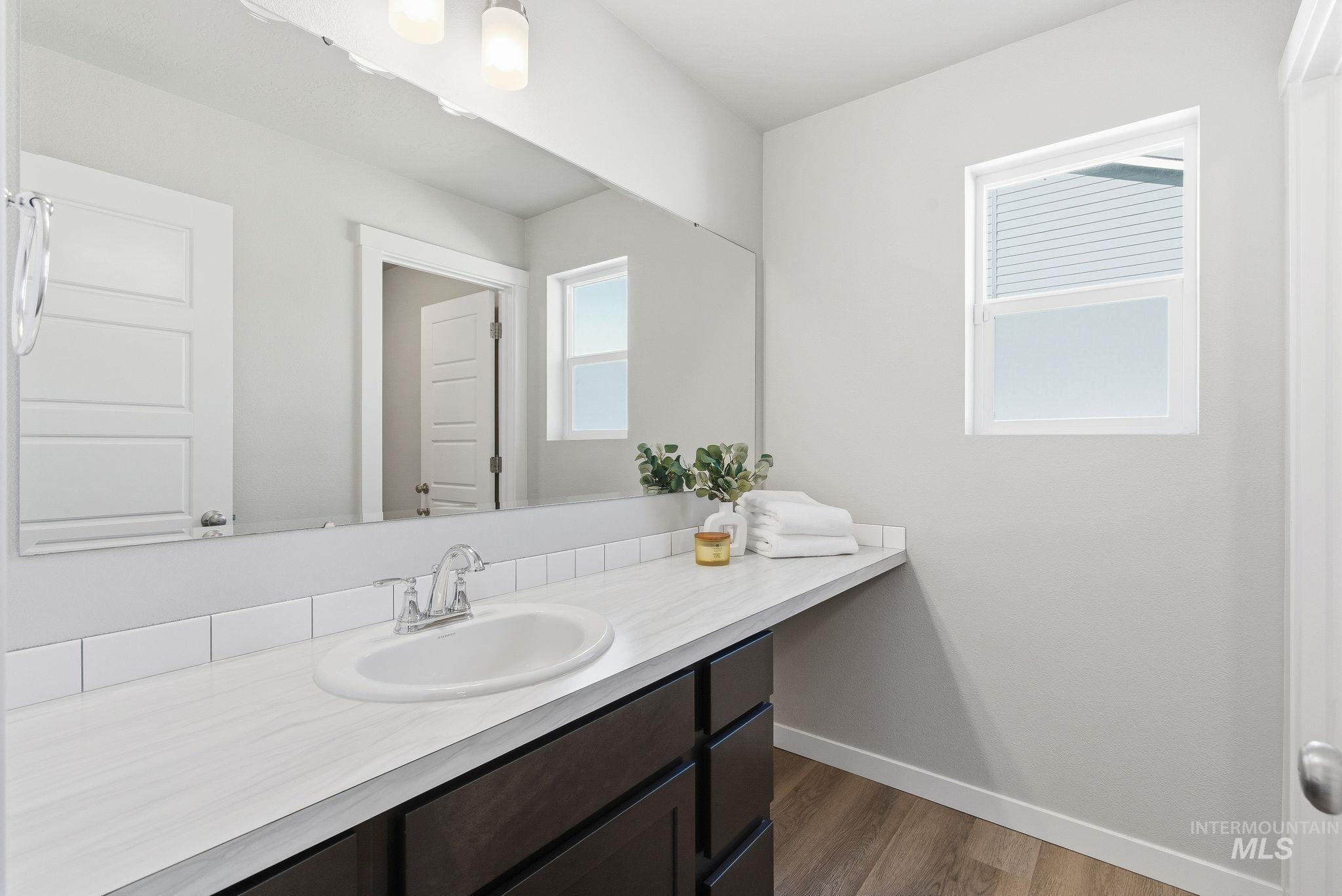Bathroom with dark wood-type flooring and vanity