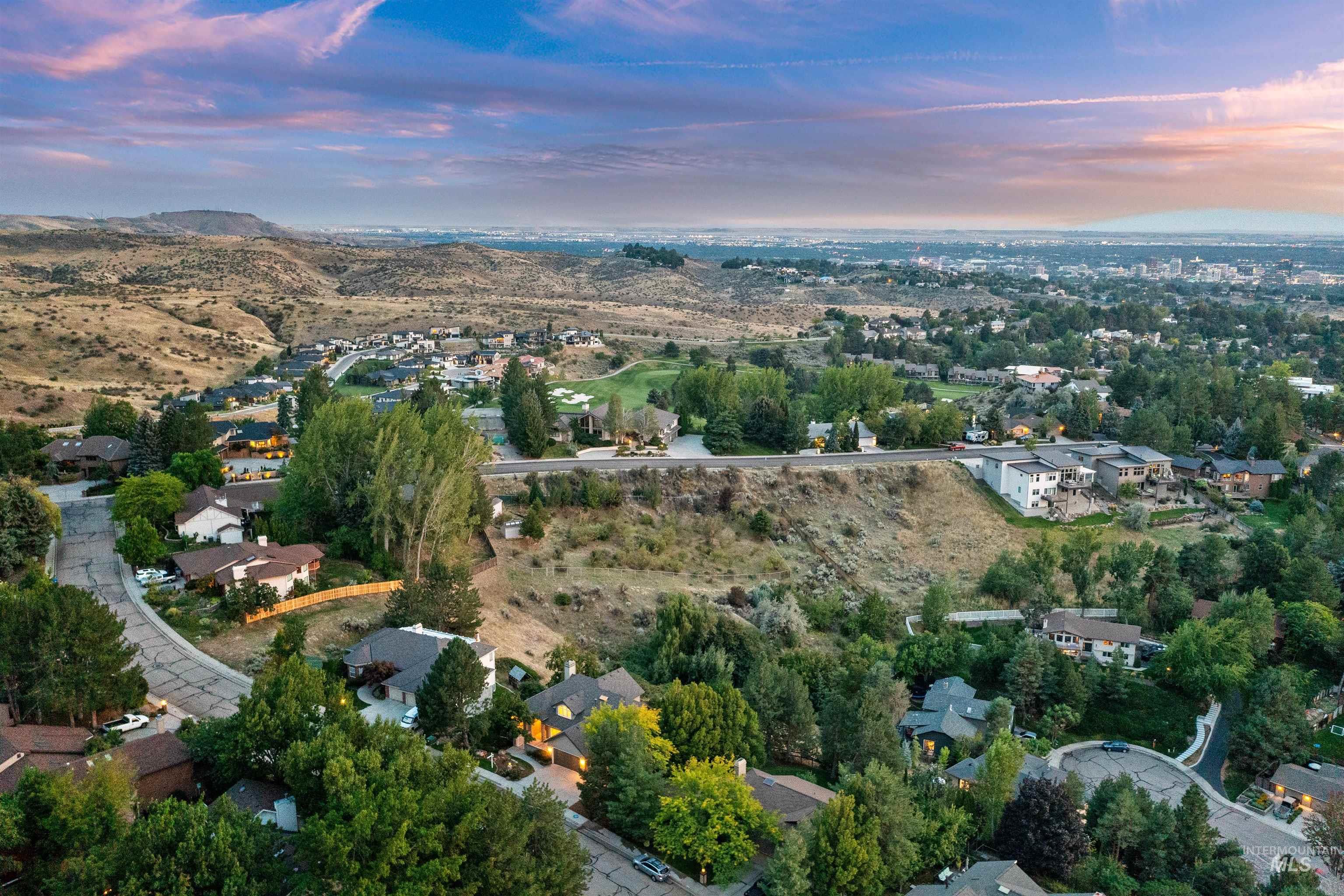 Aerial view at dusk of a residential view