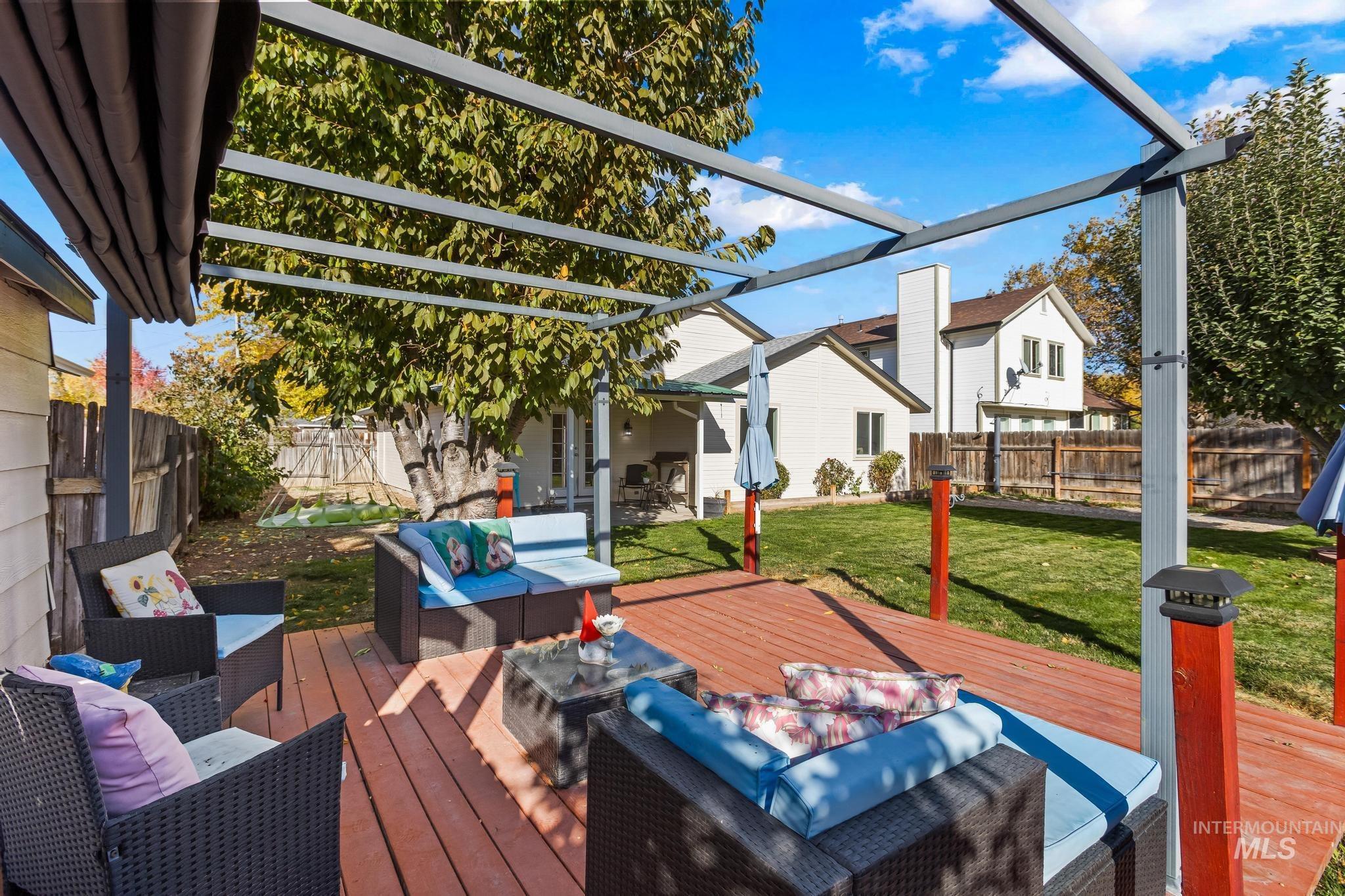 Wooden deck featuring an outdoor living space and a fenced backyard
