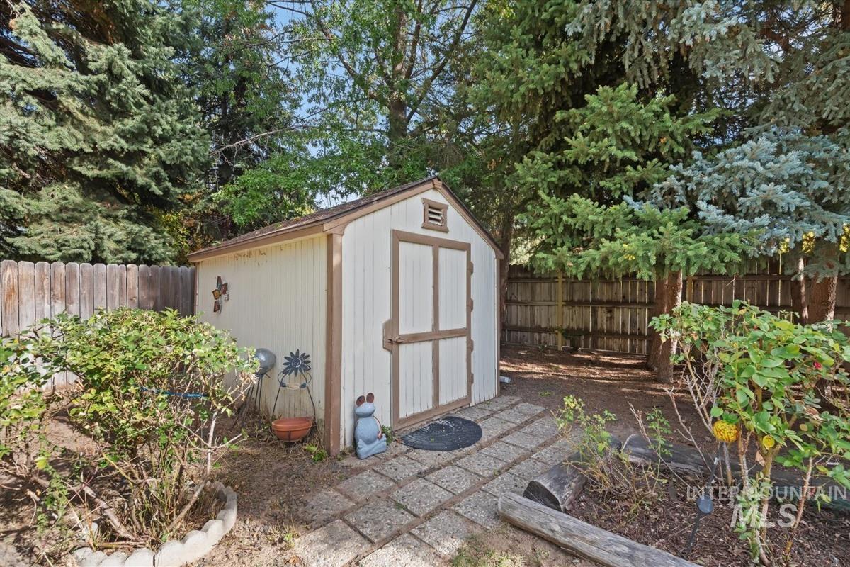 View of shed featuring a fenced backyard