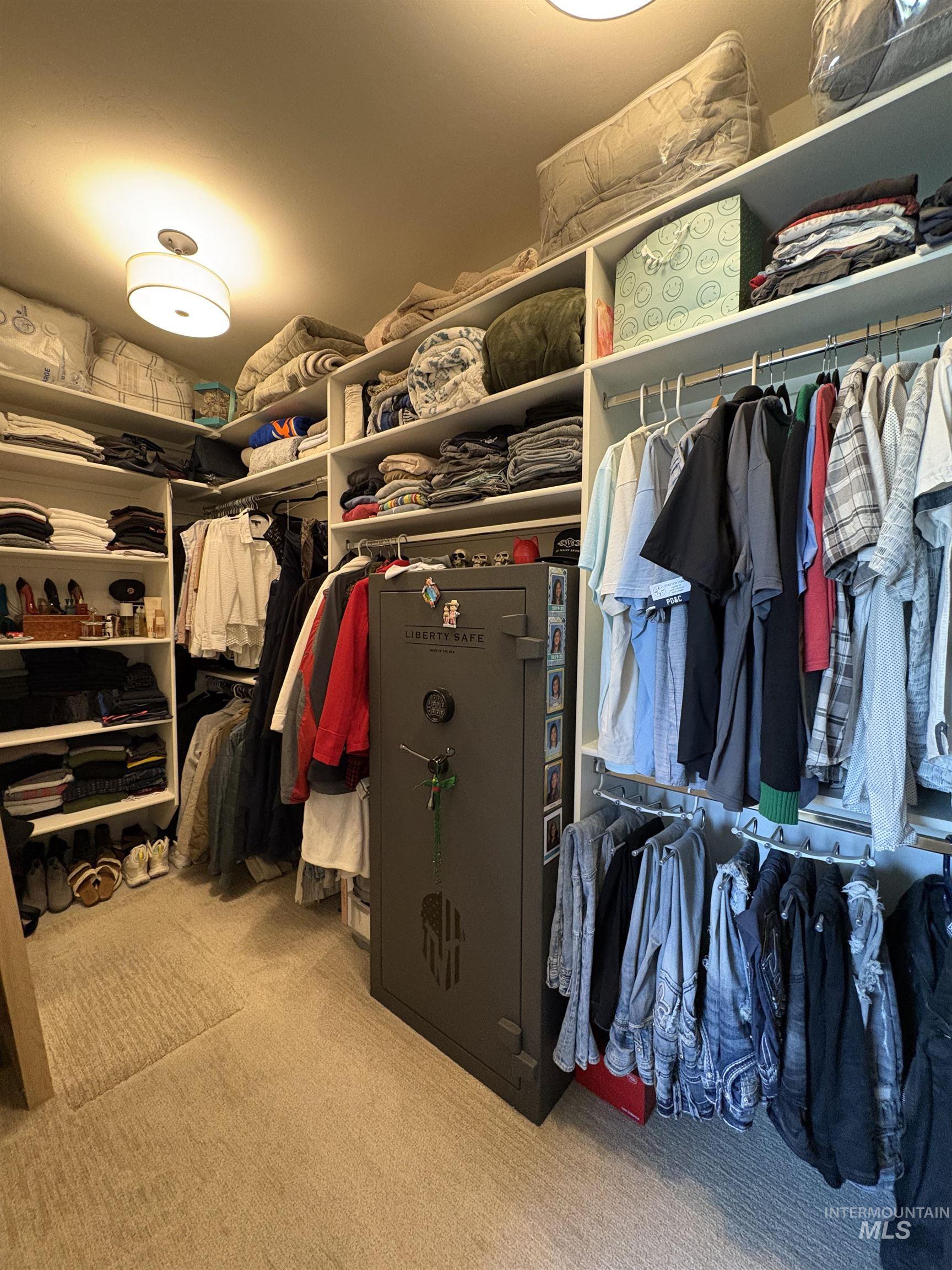 Walk in closet featuring light colored carpet