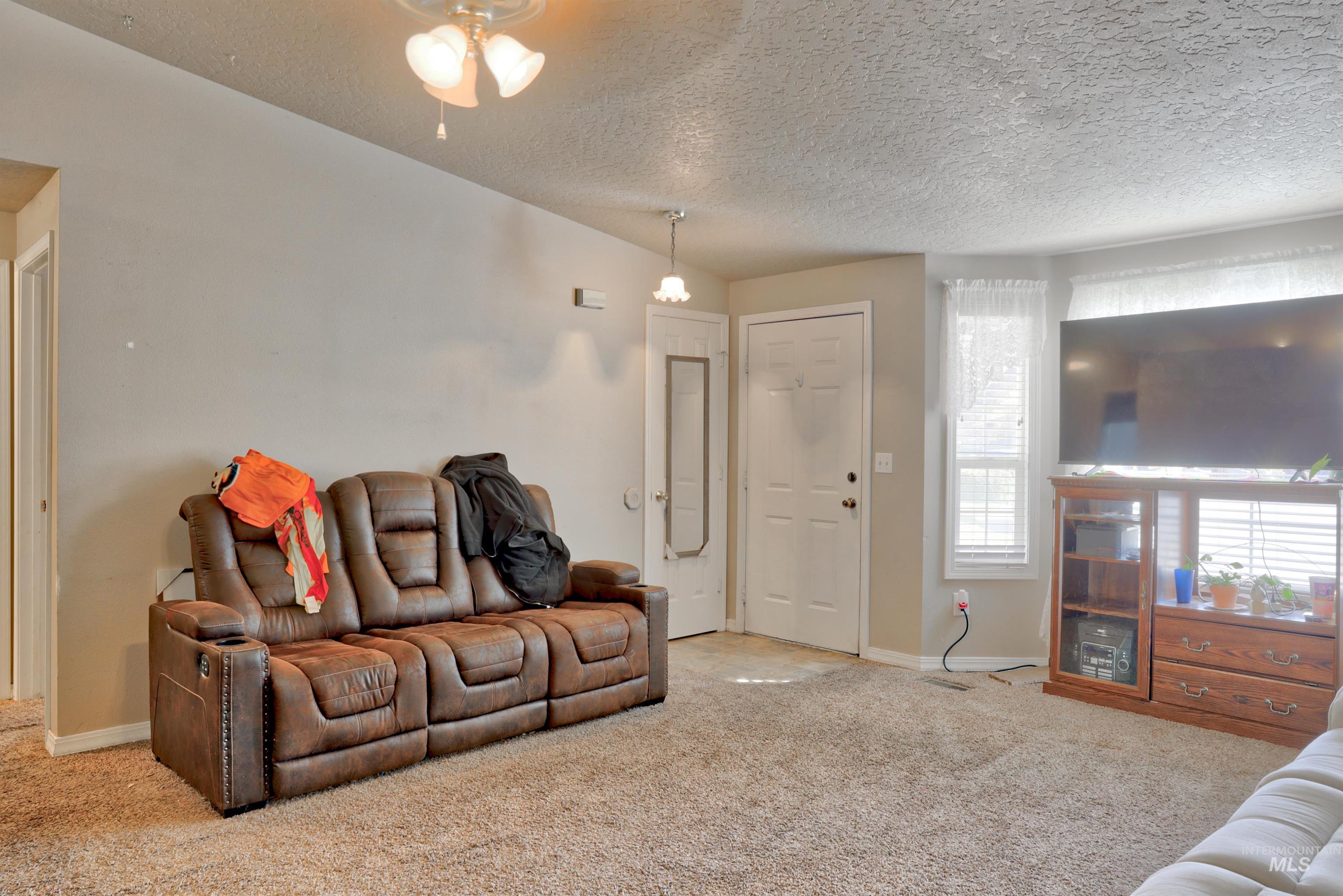Living room with carpet and a textured ceiling