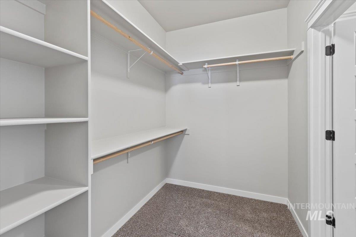 Walk in closet with dark carpet