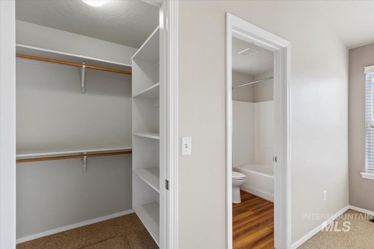 Spacious closet featuring light wood-style floors and light carpet