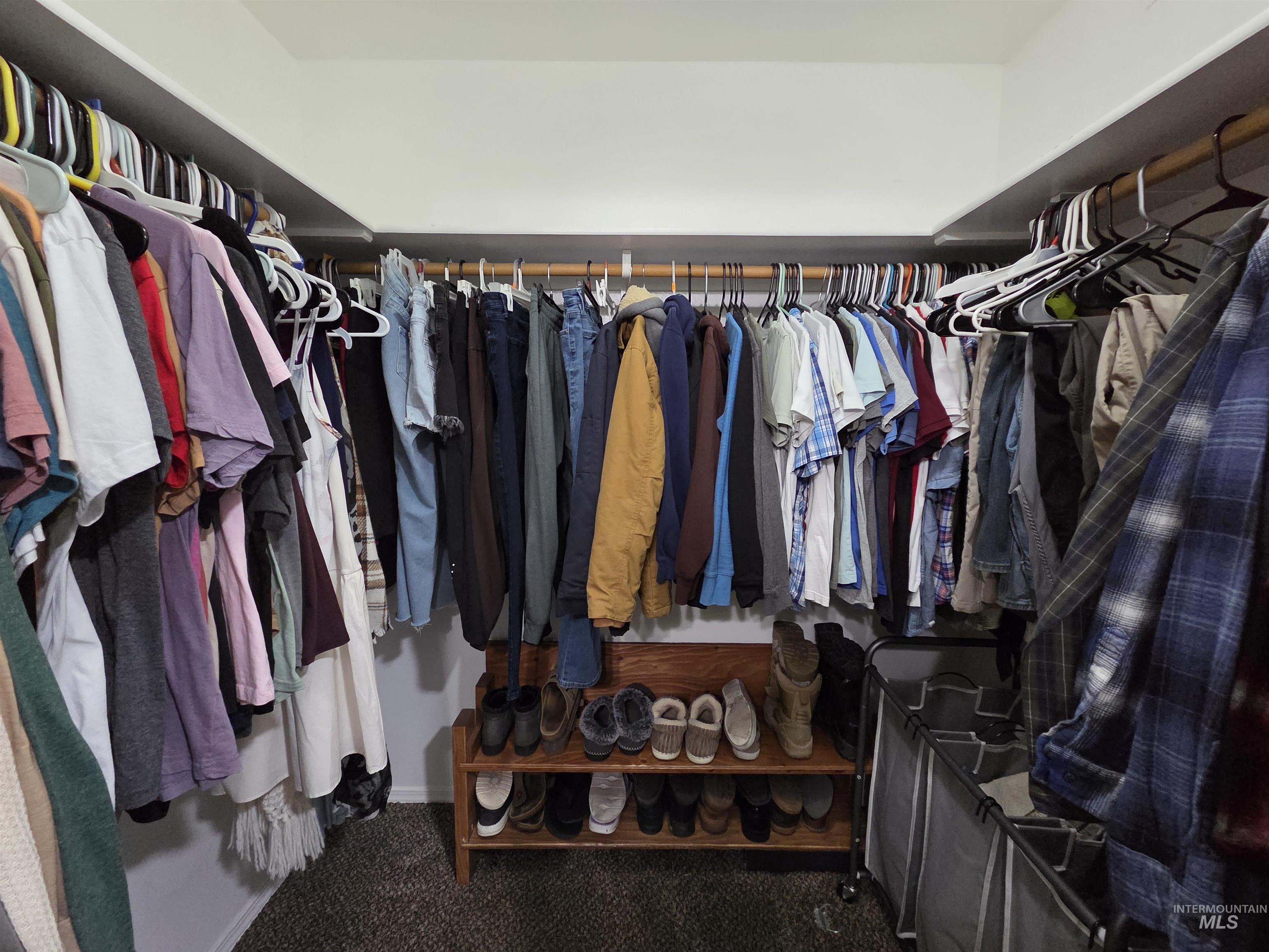Walk in closet with dark colored carpet