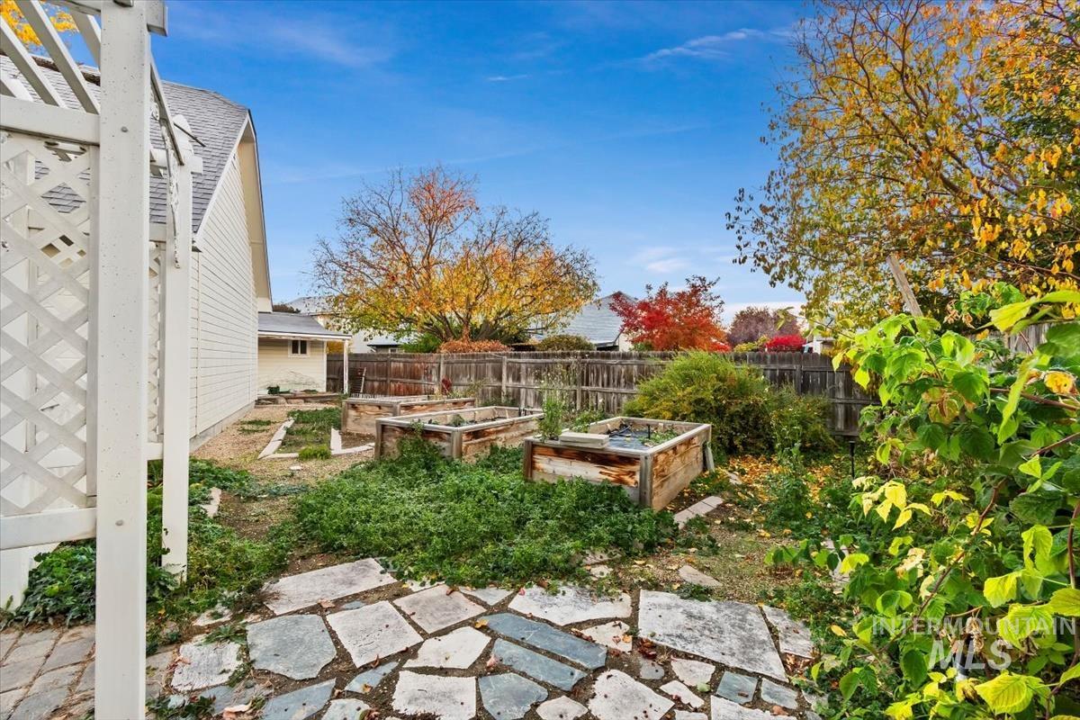 Fenced backyard with a garden and a patio area