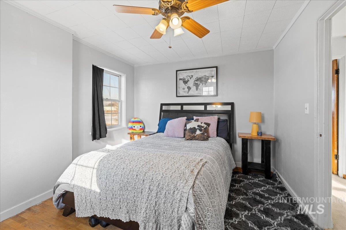 Bedroom featuring crown molding, a ceiling fan, and wood finished floors