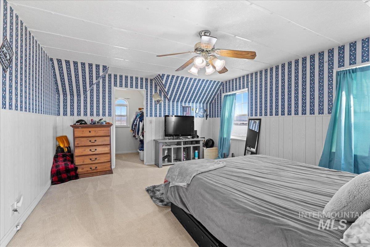 Bedroom featuring a spacious closet, wallpapered walls, carpet, a ceiling fan, and a wainscoted wall