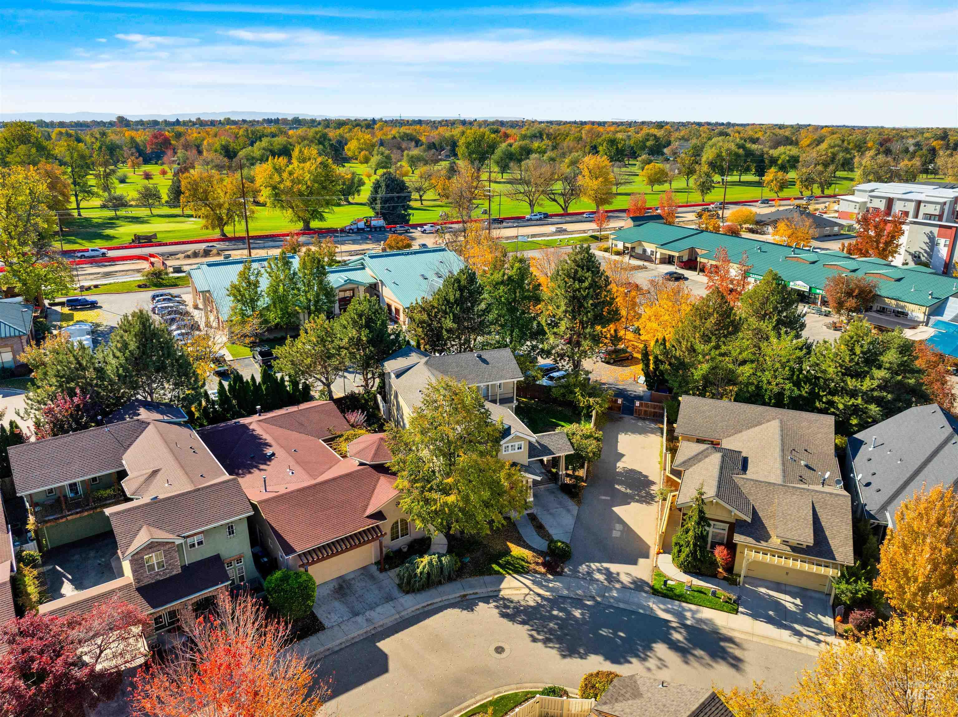 Aerial view of residential area featuring a tree filled landscape