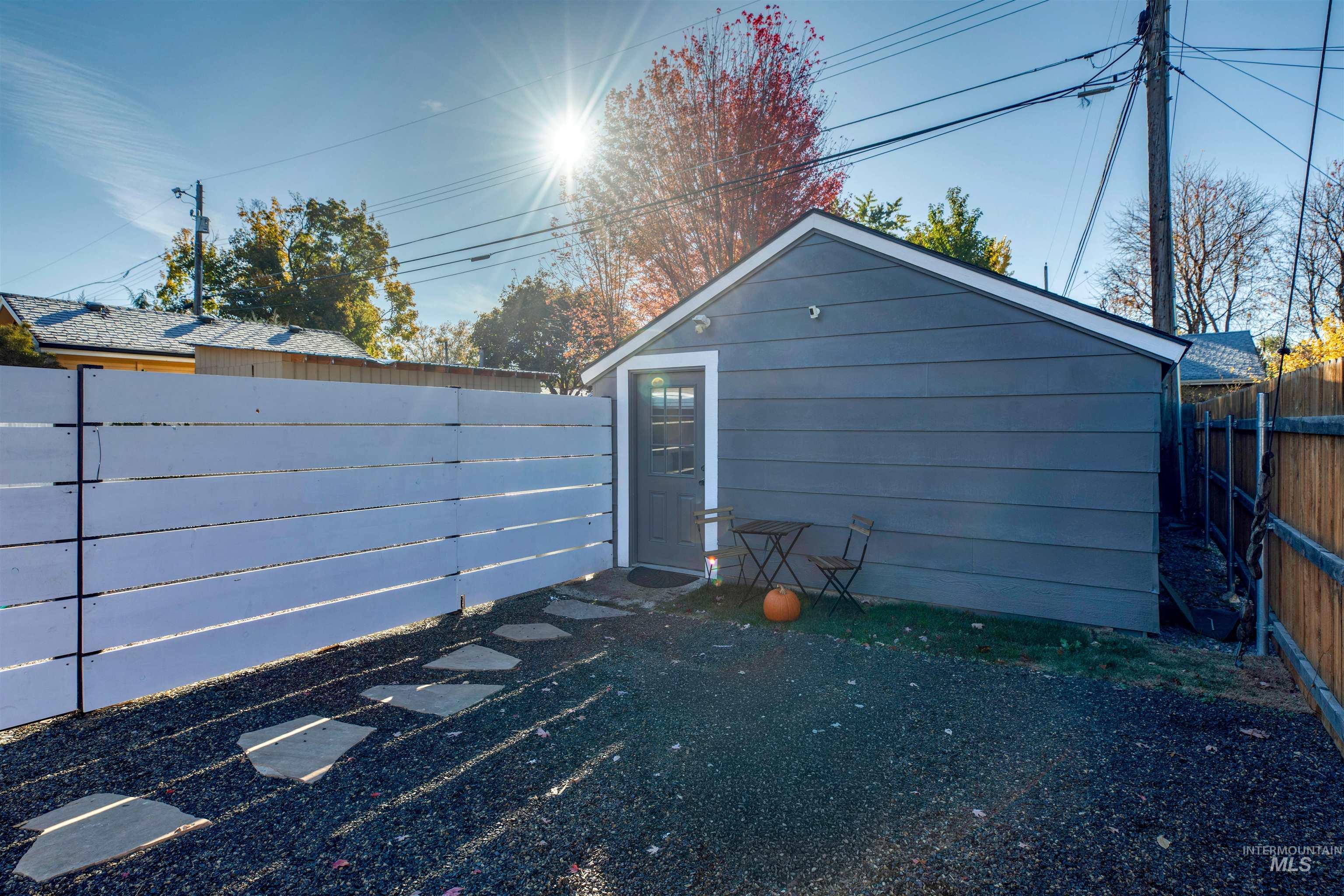 View of outdoor structure featuring a fenced backyard