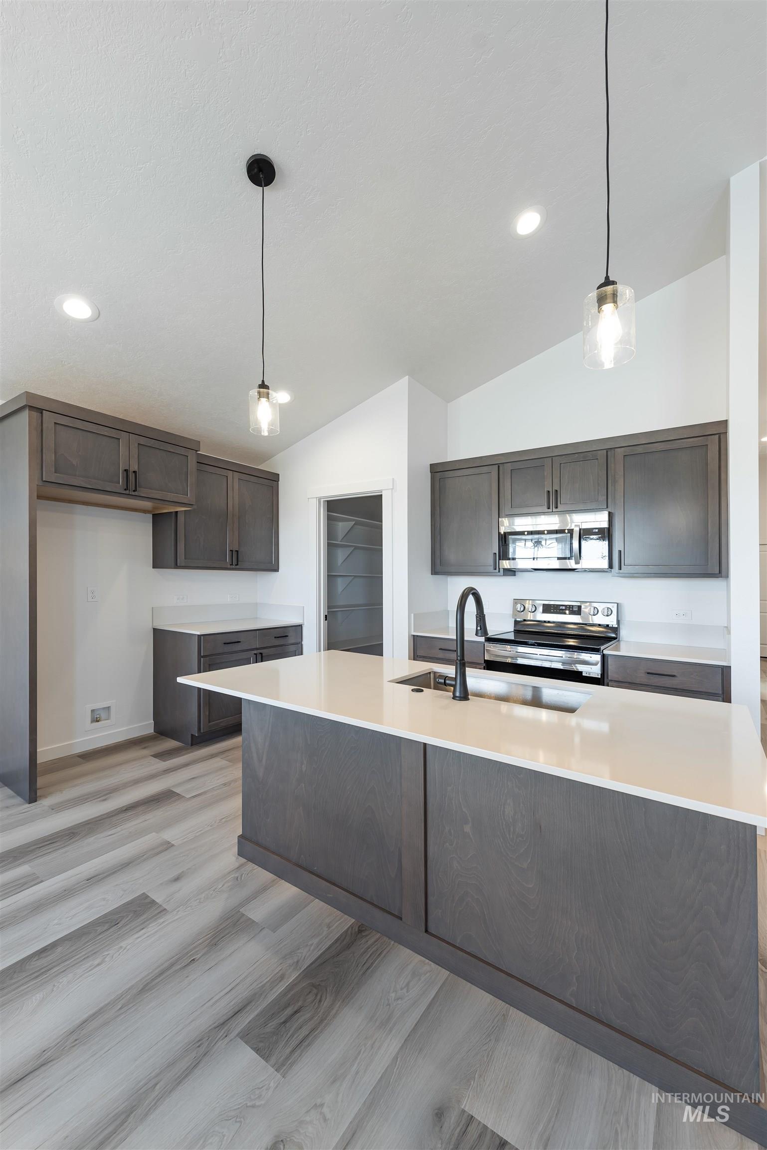 Kitchen with stainless steel appliances, lofted ceiling, hanging light fixtures, light wood finished floors, and dark brown cabinets