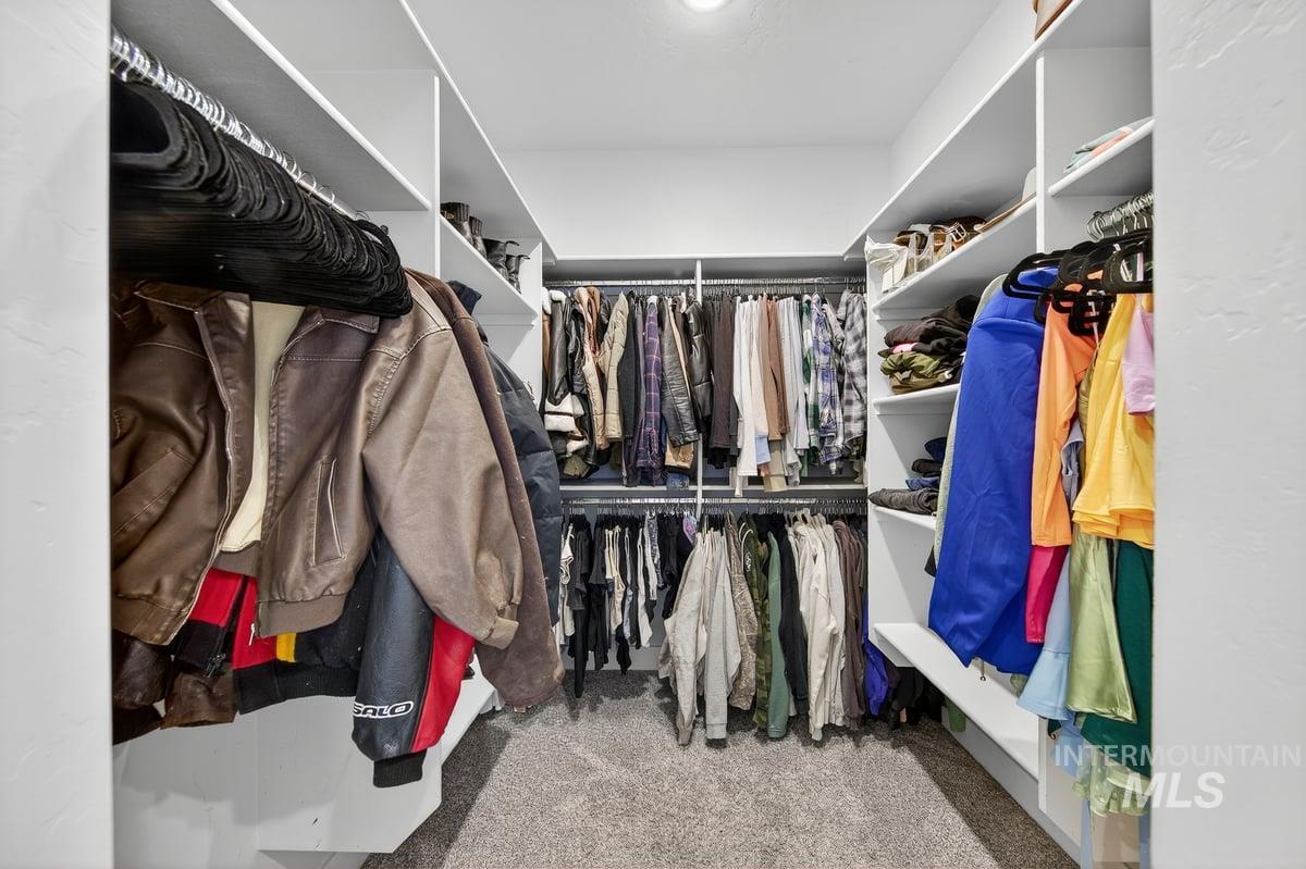Walk in closet with light colored carpet