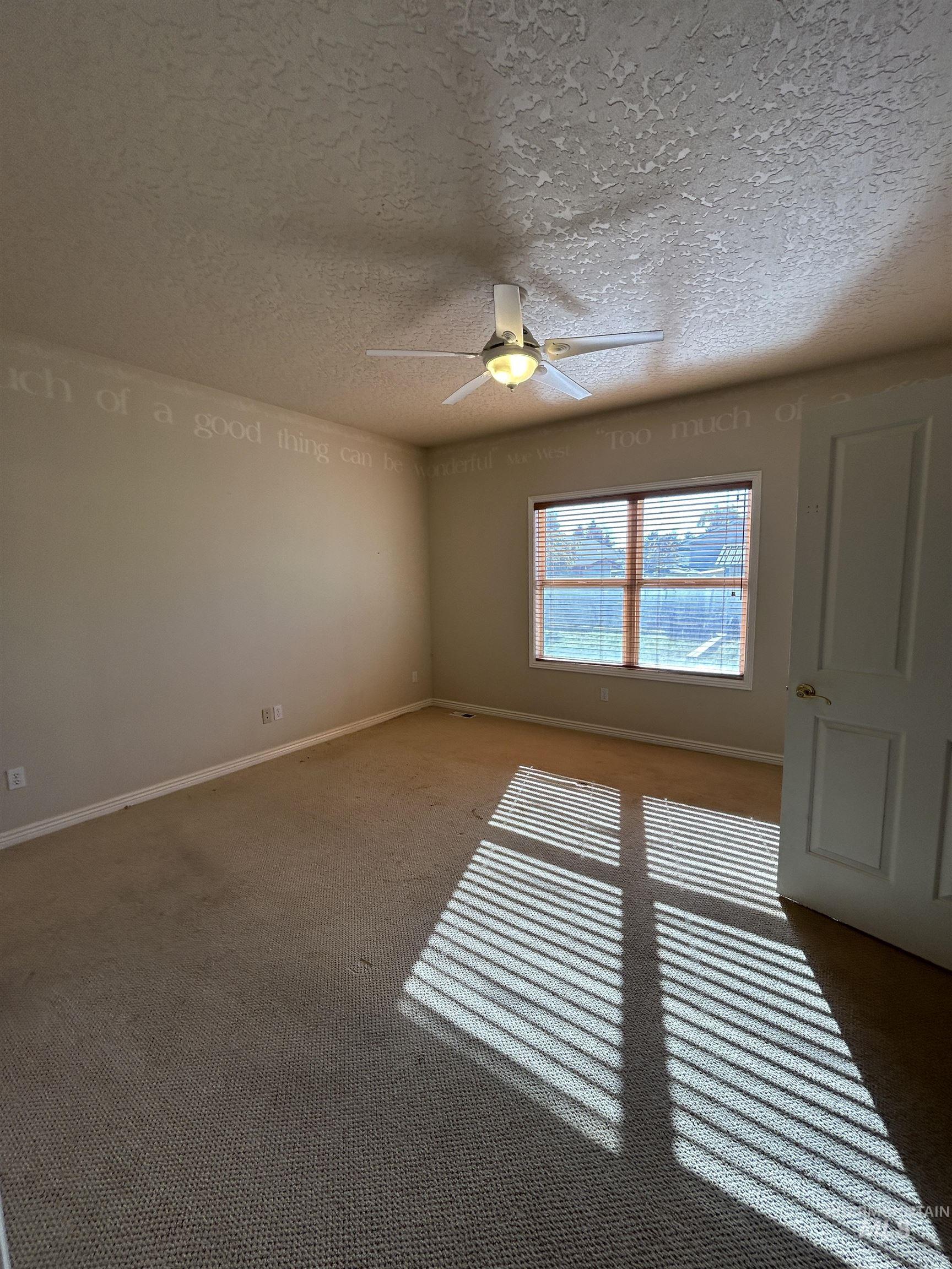 Spare room with carpet floors, a textured ceiling, and a ceiling fan