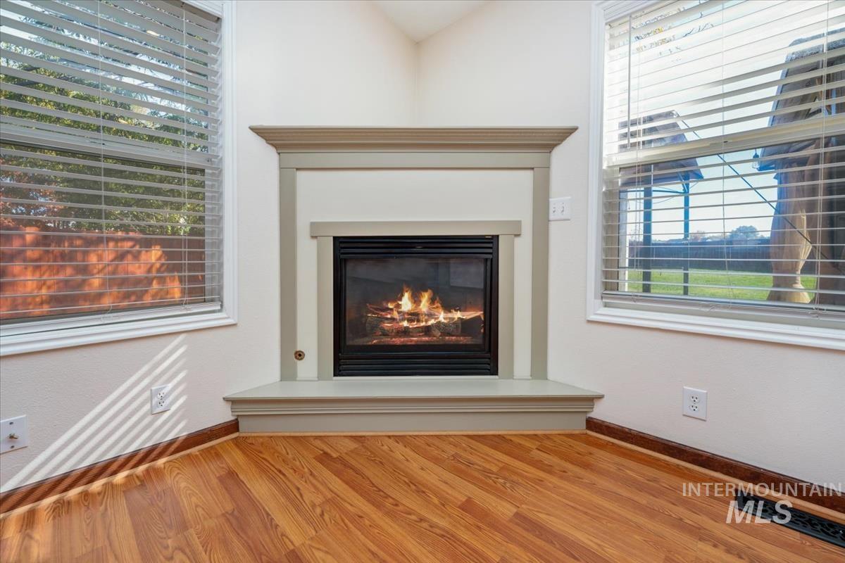 Detailed view of a glass covered fireplace and wood finished floors