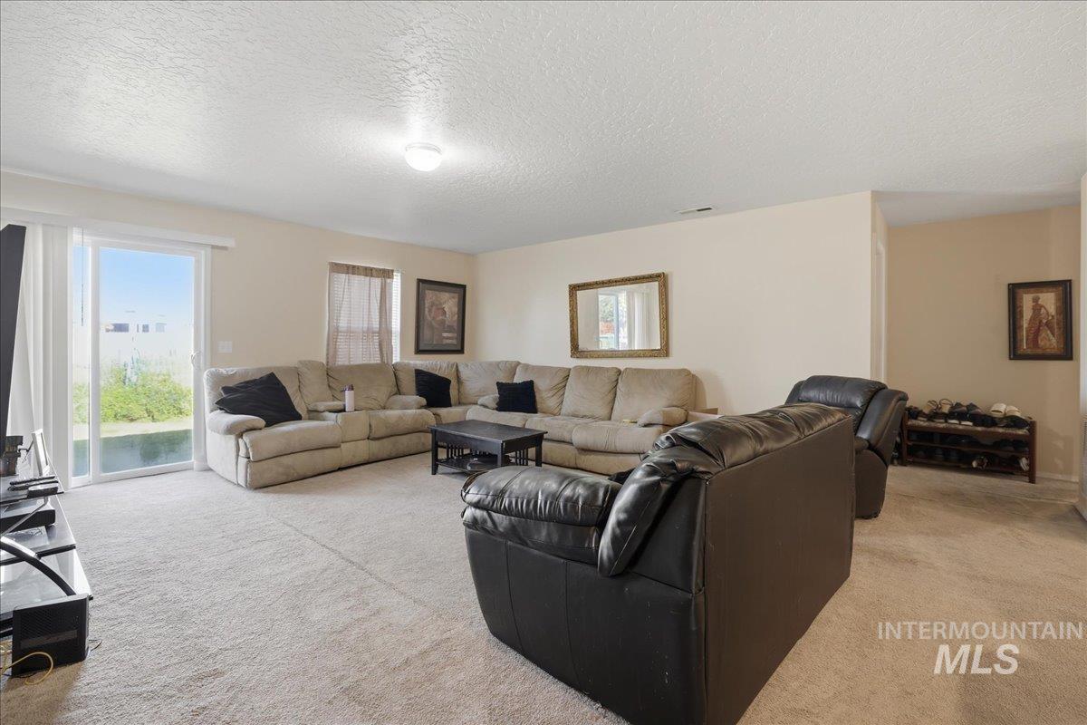 Living area with a textured ceiling, light colored carpet, and plenty of natural light