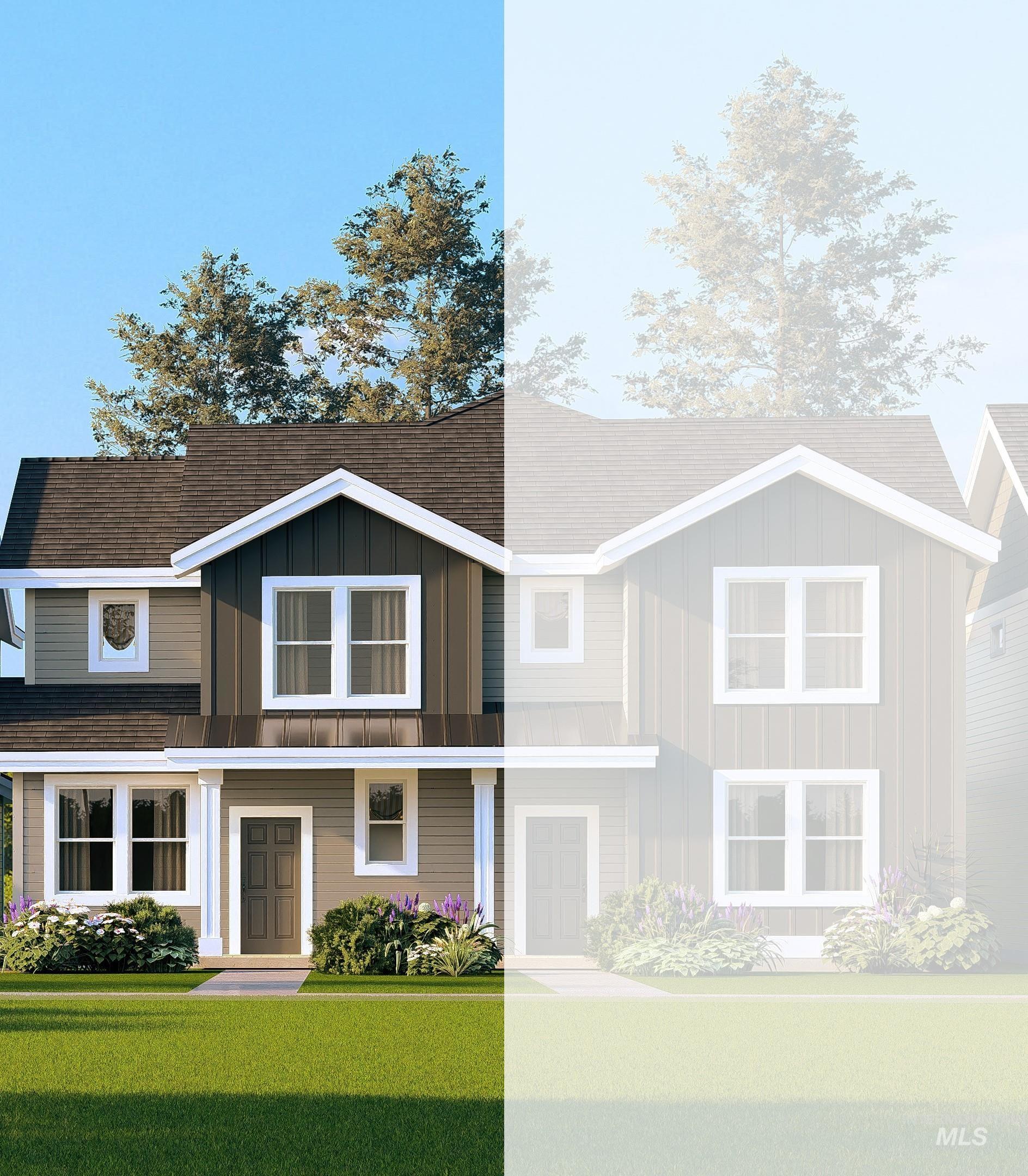 View of front facade featuring board and batten siding and a front yard