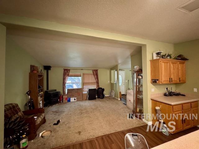 Living room with dark wood finished floors, a textured ceiling, a wood stove, and dark carpet