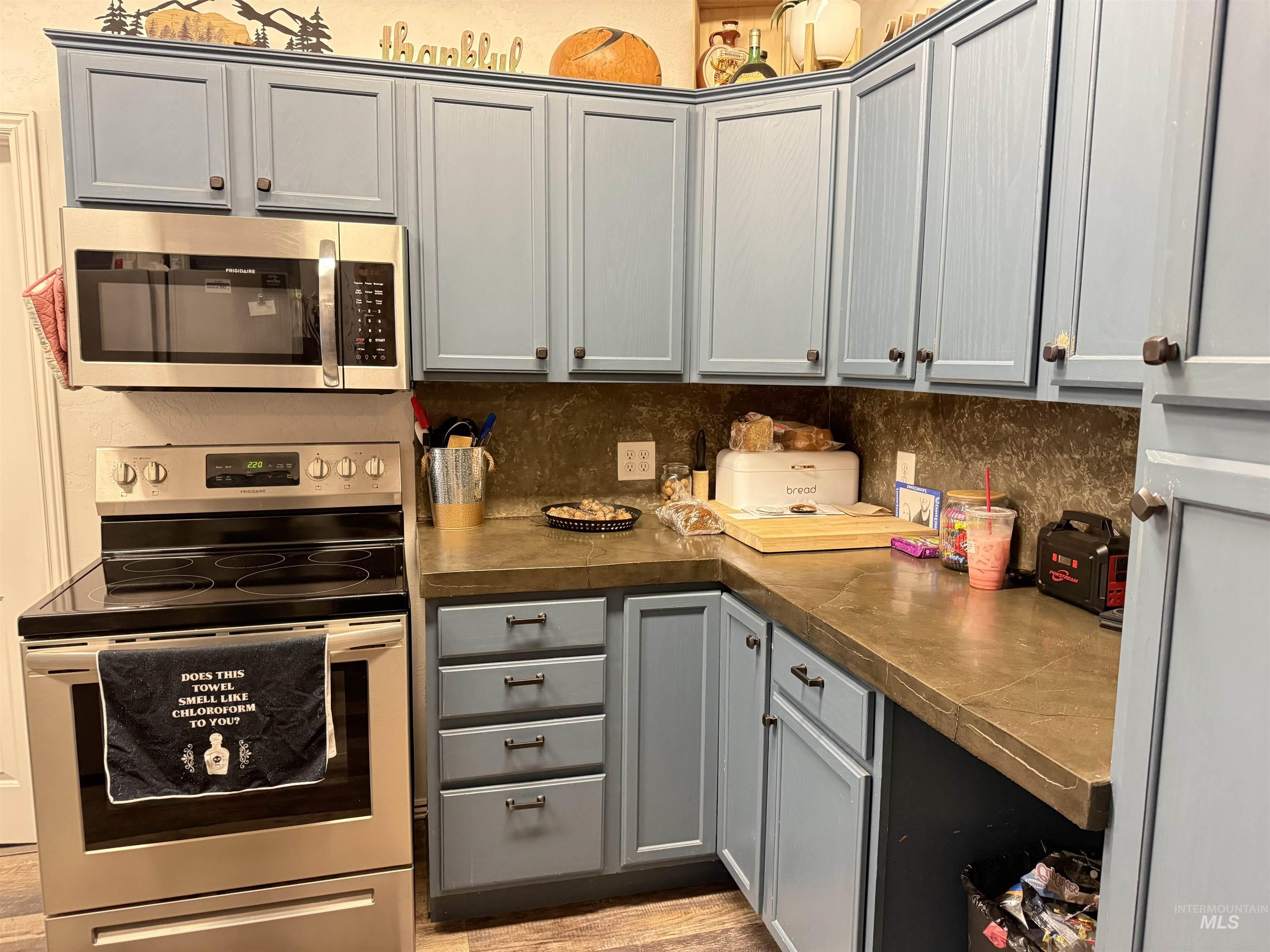 Kitchen with gray cabinetry, appliances with stainless steel finishes, and decorative backsplash