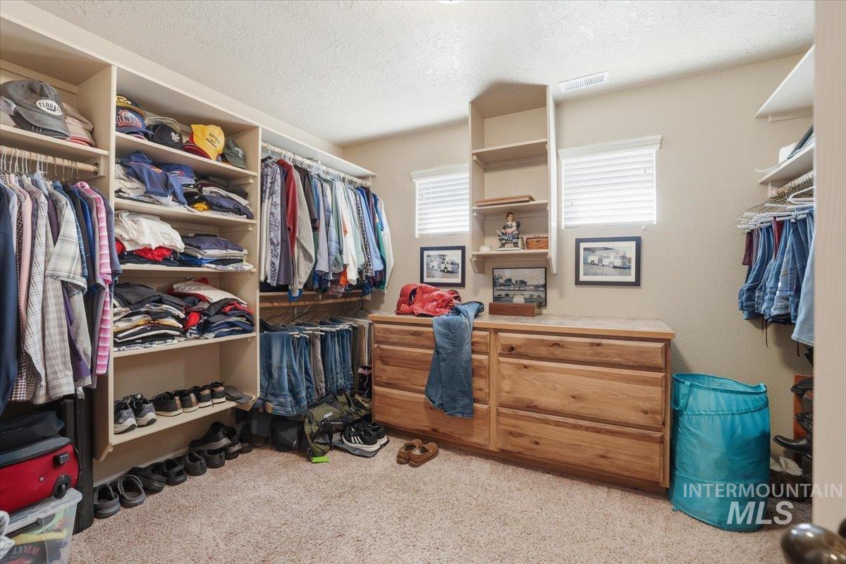 Walk in closet featuring light colored carpet