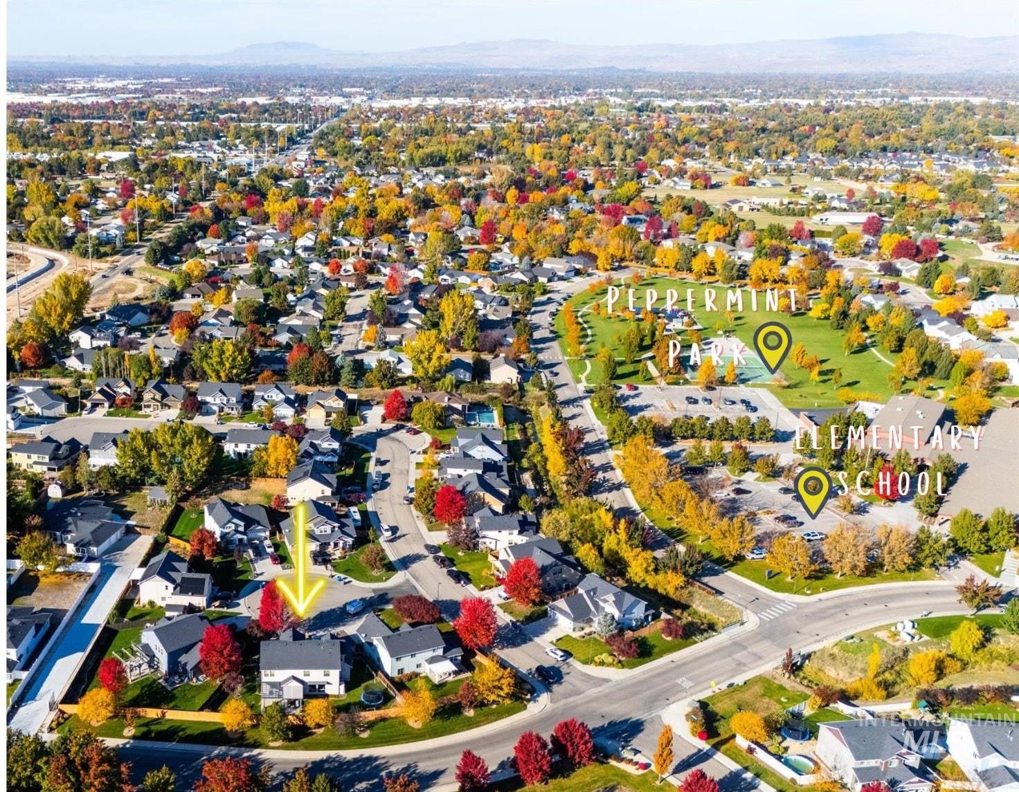 Aerial view of residential area with a mountain backdrop