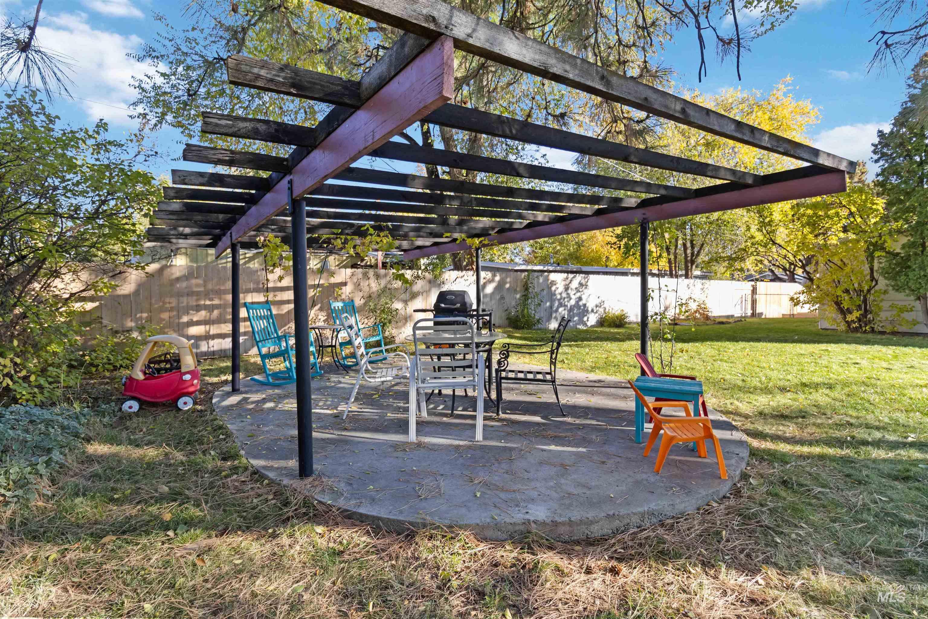 Fenced backyard featuring a patio and a pergola