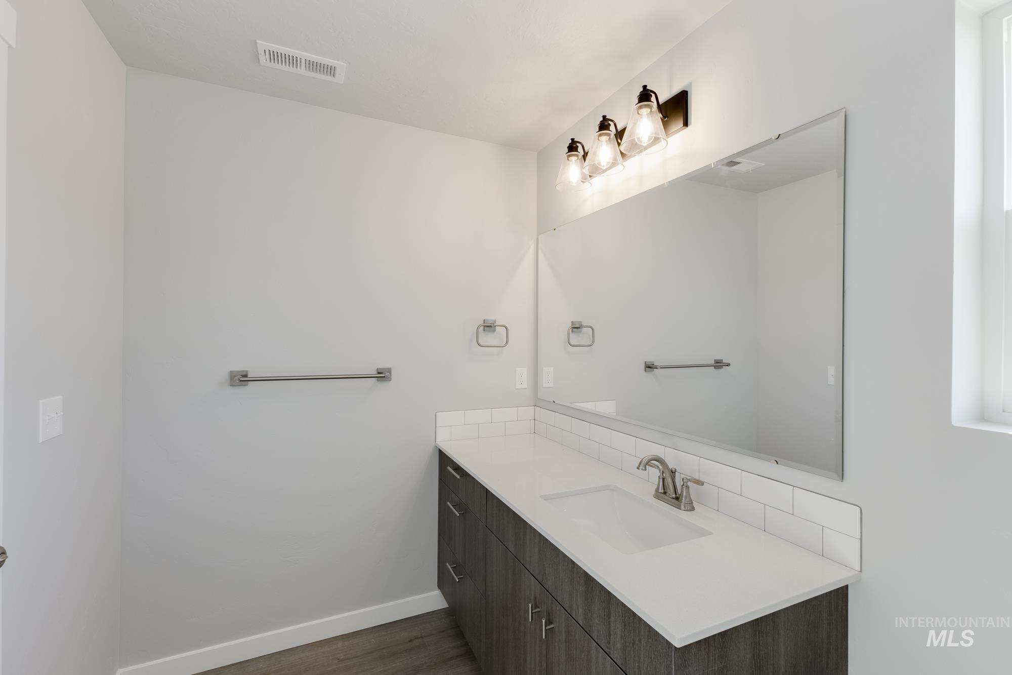 Bathroom featuring vanity and dark wood-style floors