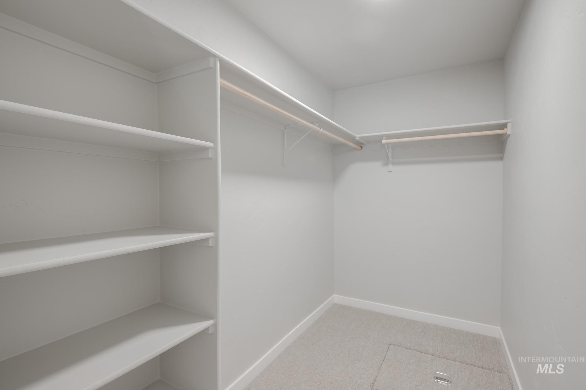 Walk in closet featuring light carpet