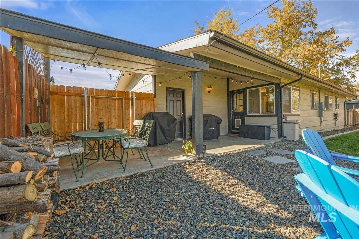 Rear view of property with a fenced backyard and a patio area