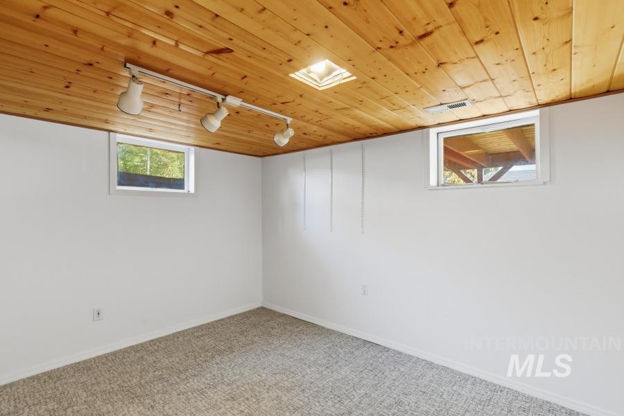 Below grade area featuring rail lighting, wooden ceiling, and carpet flooring