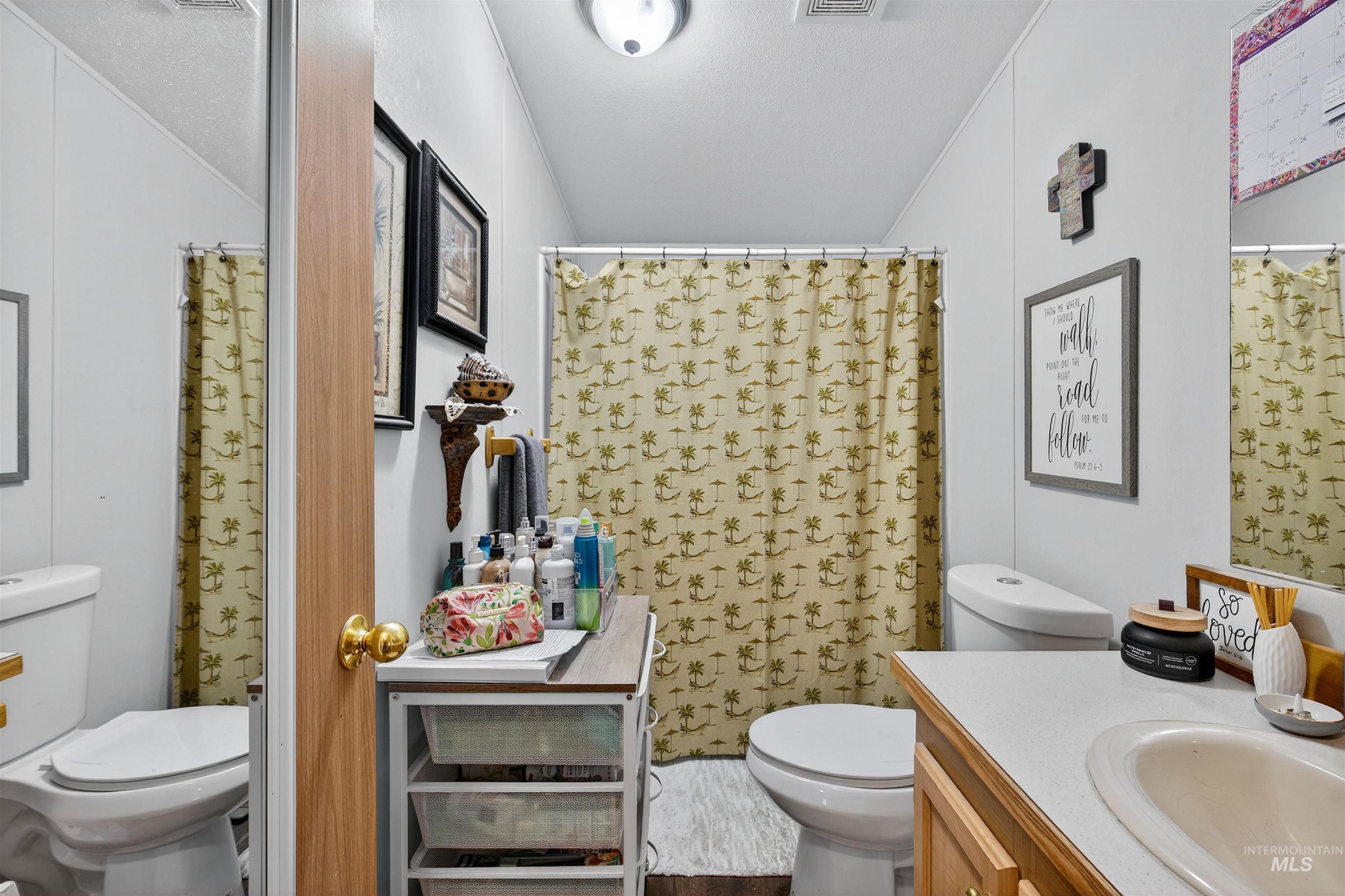 Full bathroom with a shower with curtain and vanity