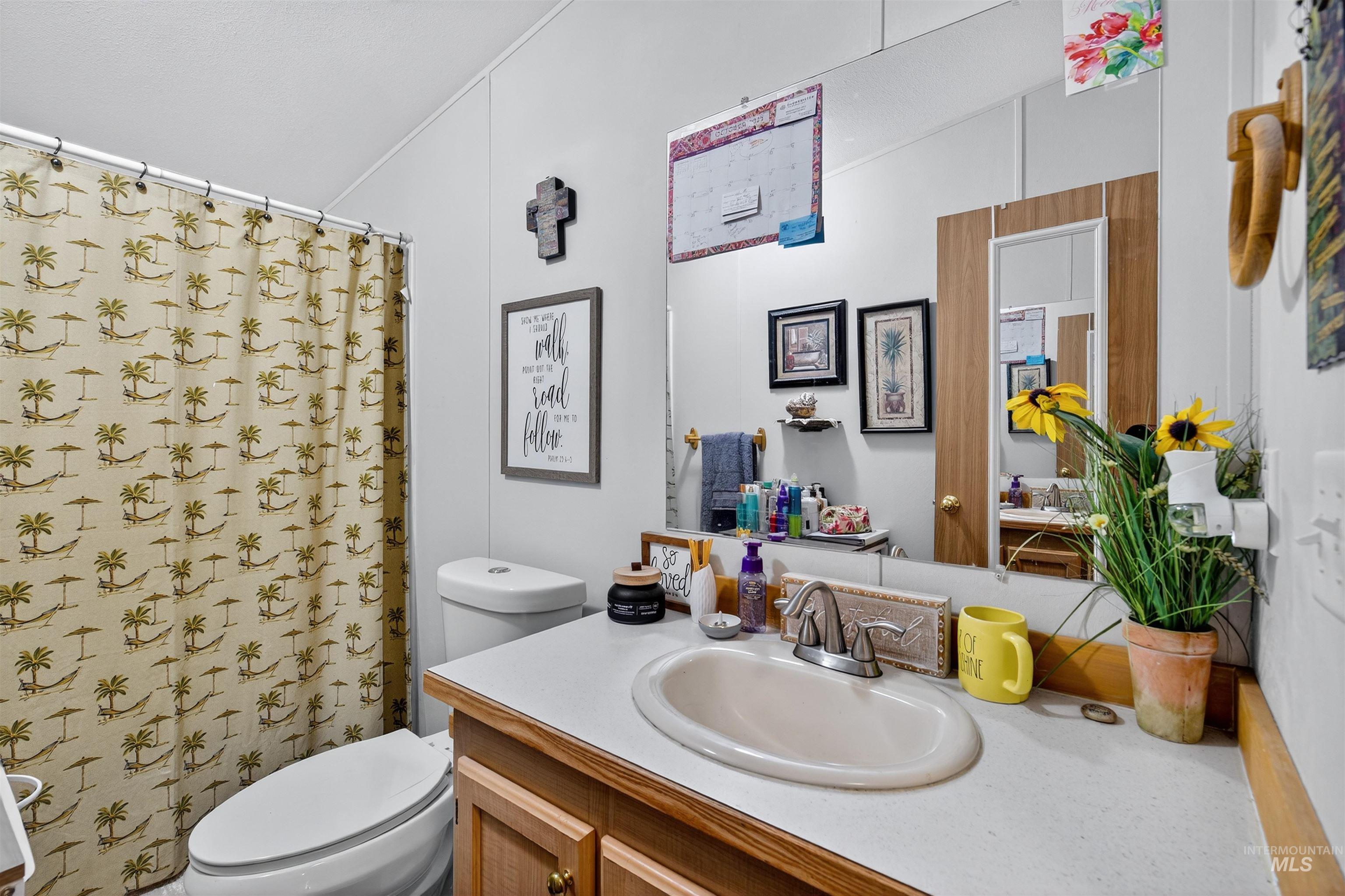 Bathroom featuring vanity and curtained shower
