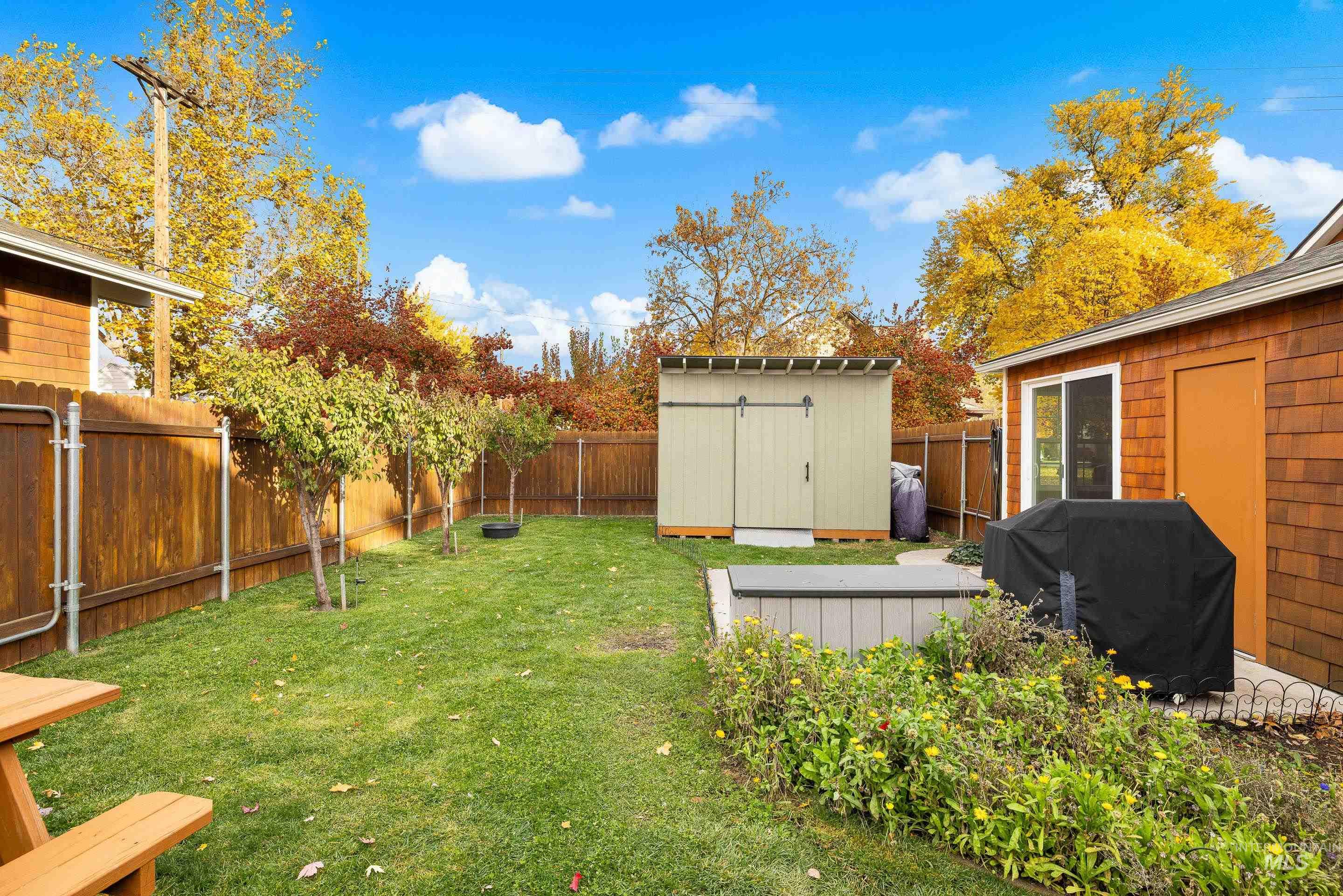 Fenced backyard with a shed