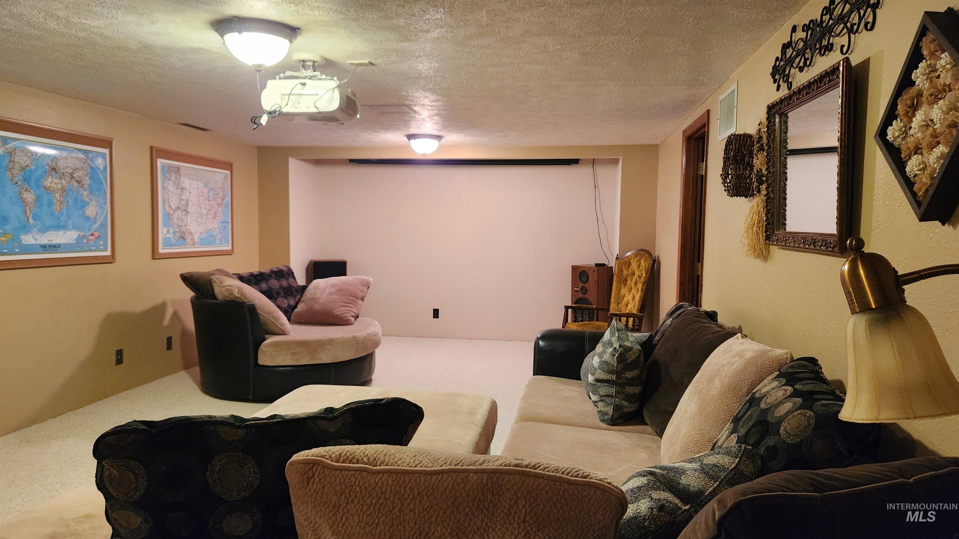 Cinema room featuring a textured ceiling and carpet
