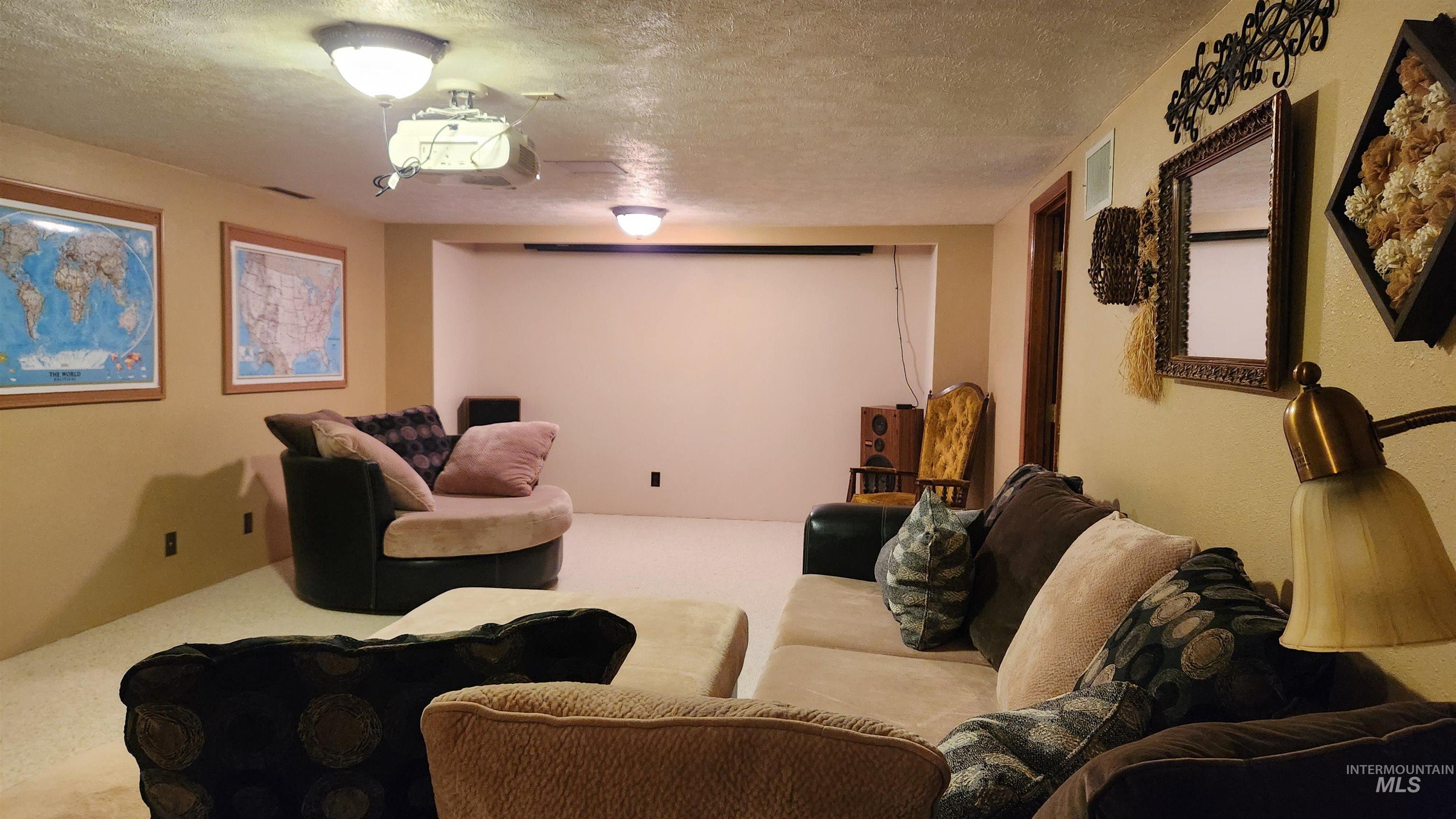 Cinema room with a textured ceiling and carpet floors