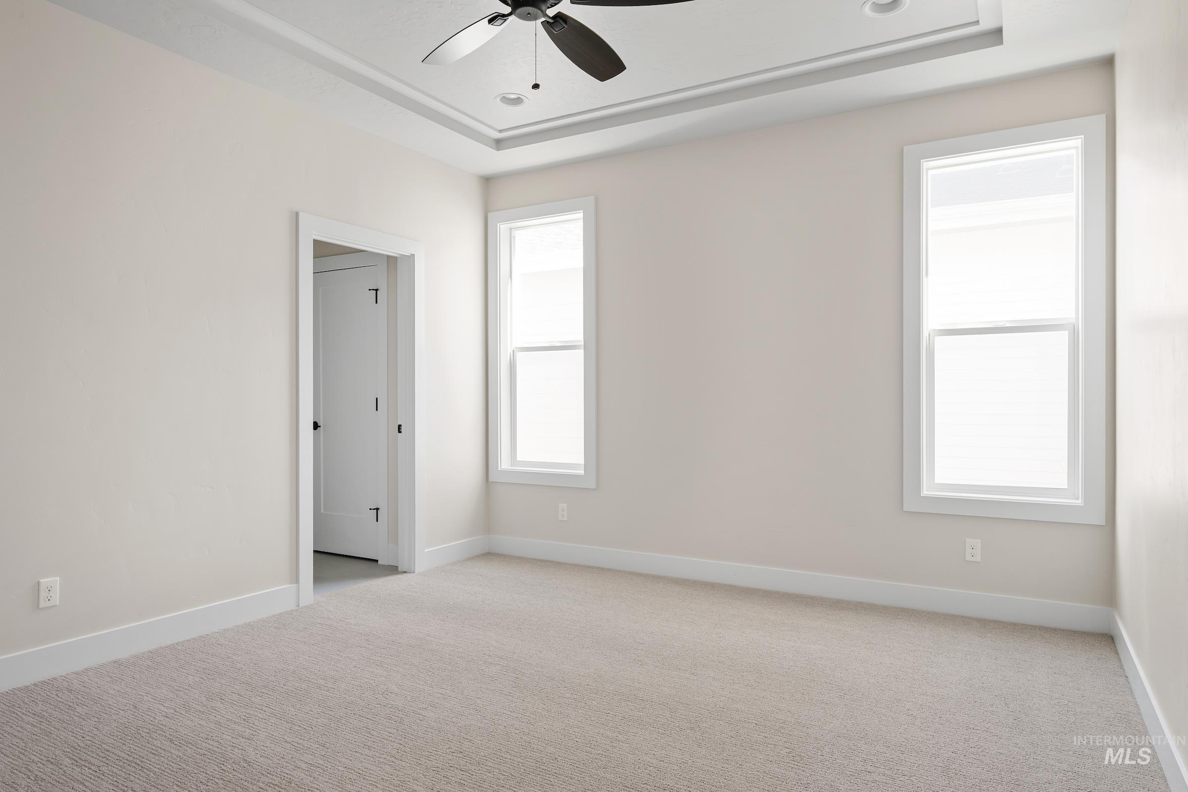 Unfurnished room featuring light colored carpet, a raised ceiling, and ceiling fan