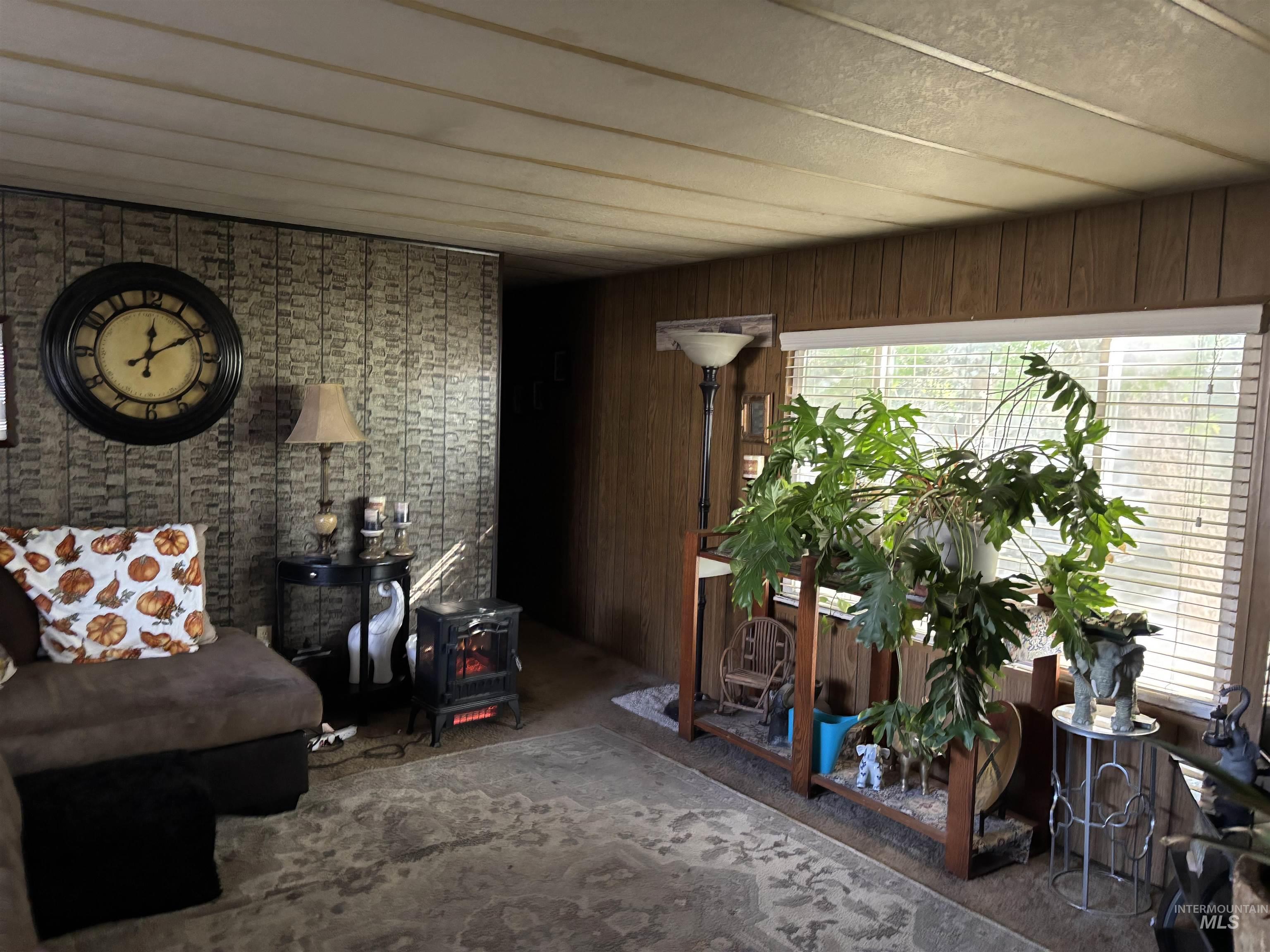 Sitting room with a wood stove, carpet, and wood walls