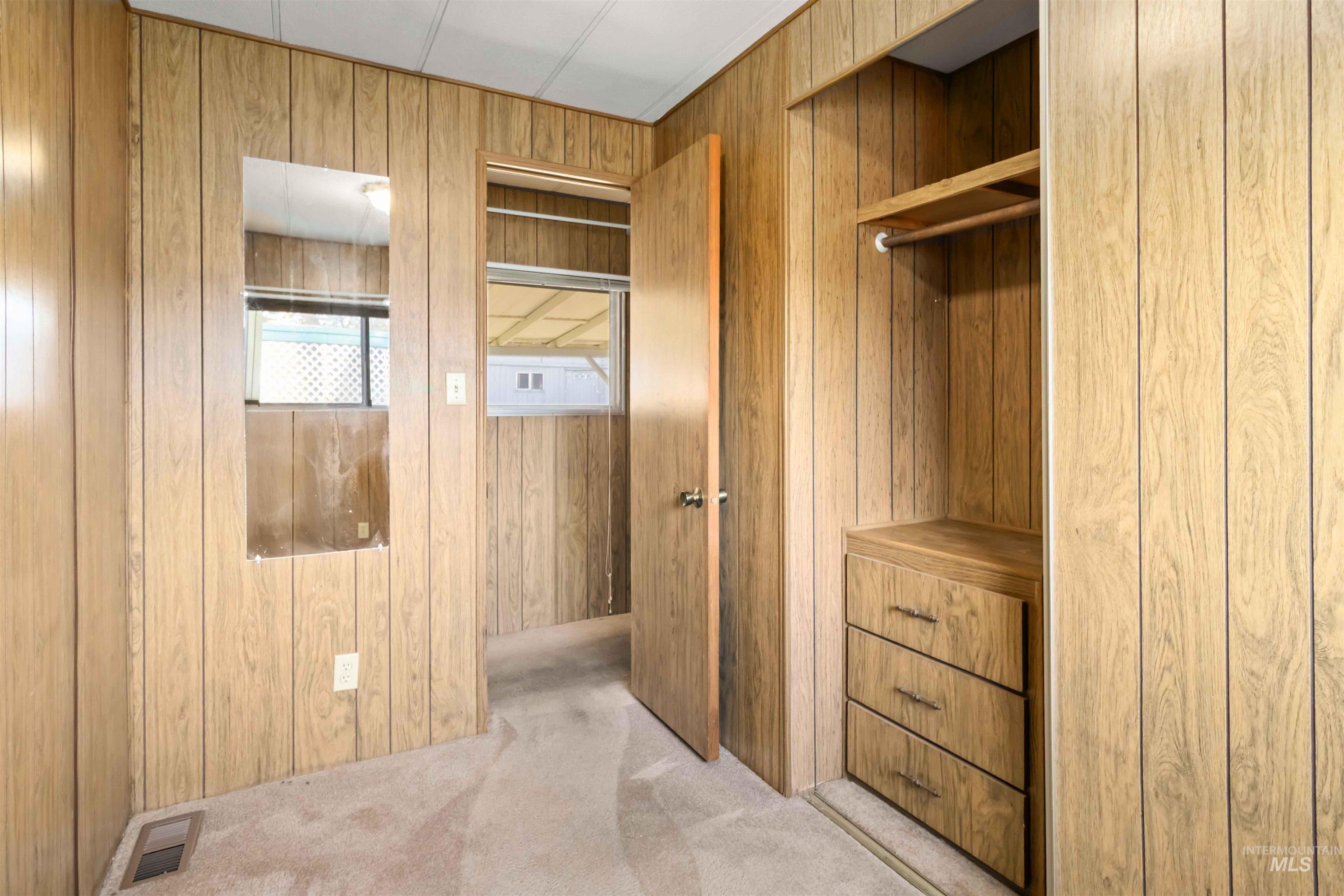 Spacious closet featuring light colored carpet