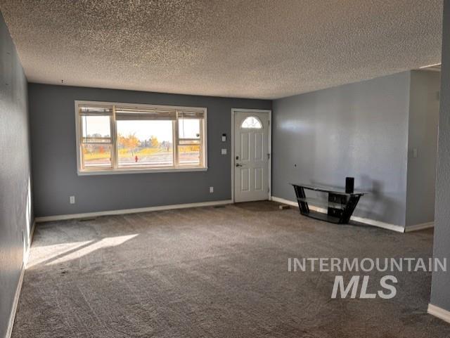 Foyer featuring carpet floors and a textured ceiling