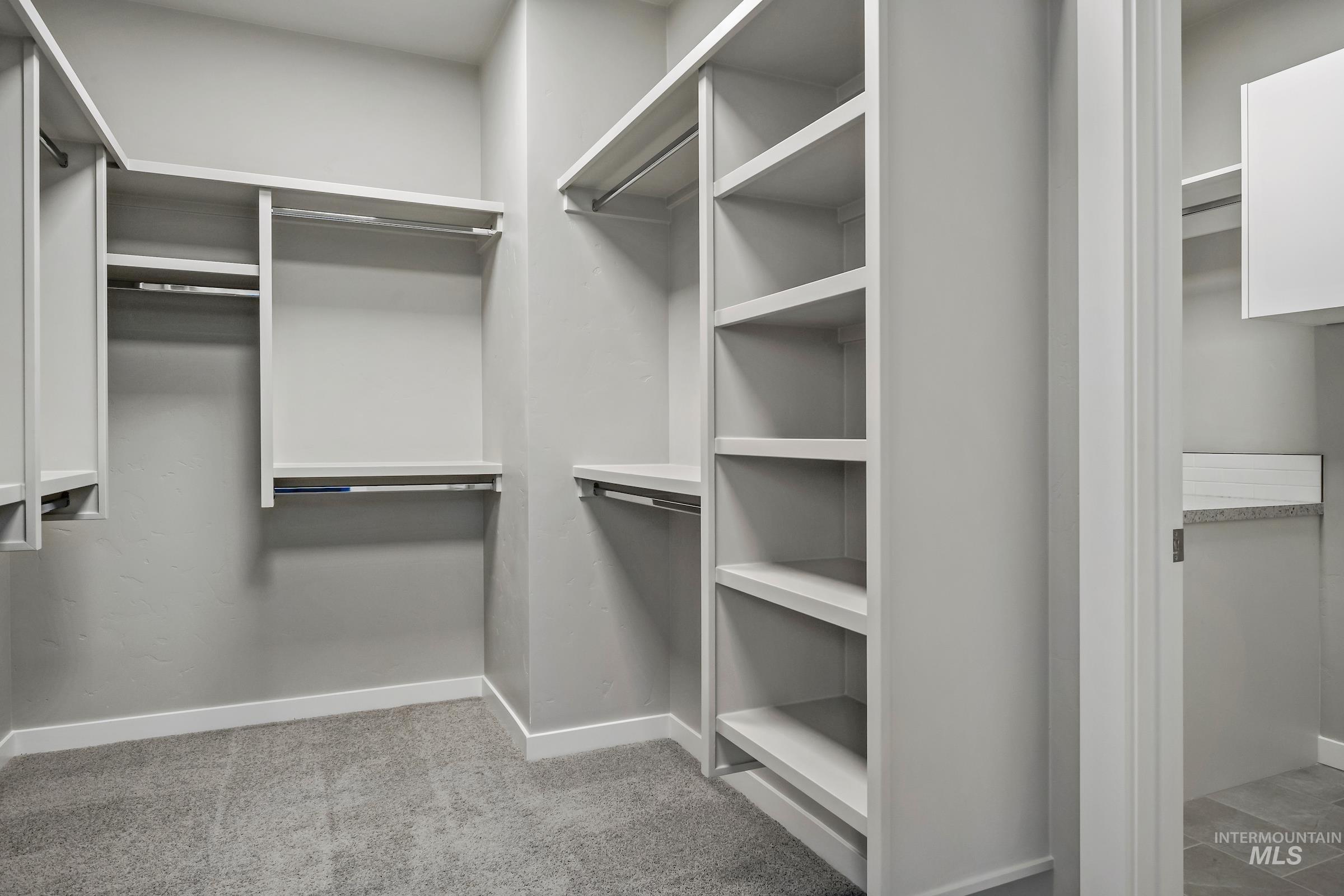 Walk in closet with light carpet