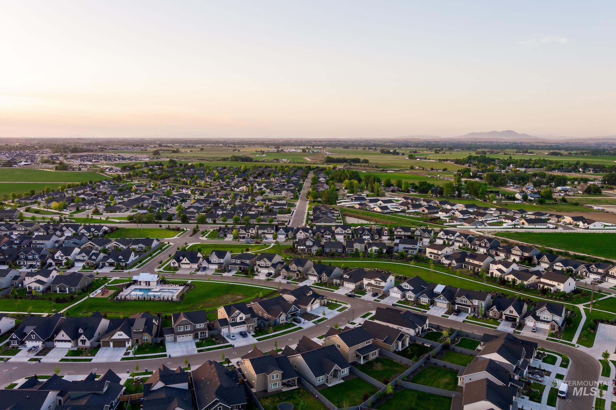 Aerial view at dusk of a residential view